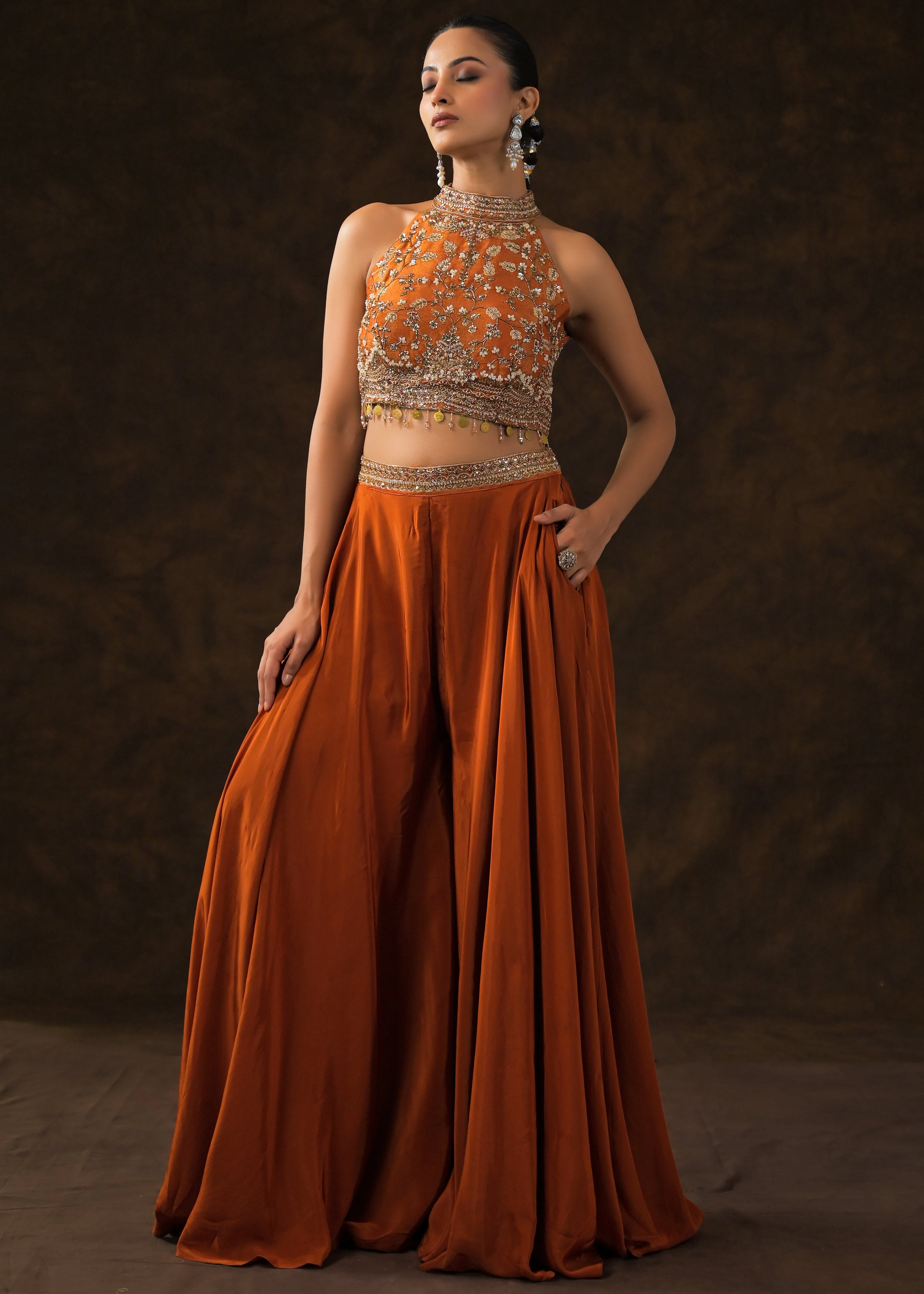 Burnt Orange Embellished Satin Silk Palazzo Set - Image 6