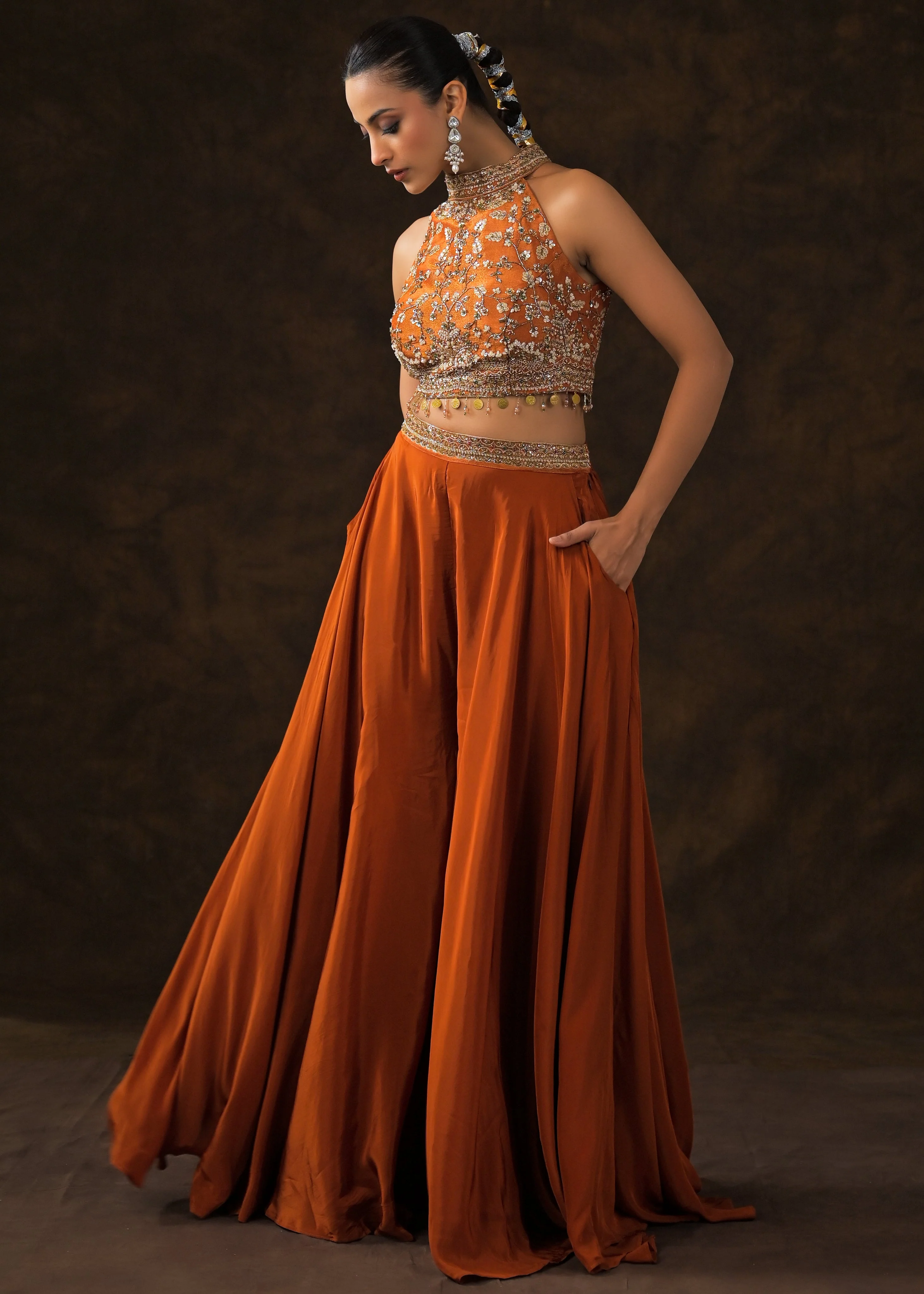 Burnt Orange Embellished Satin Silk Palazzo Set - Image 7