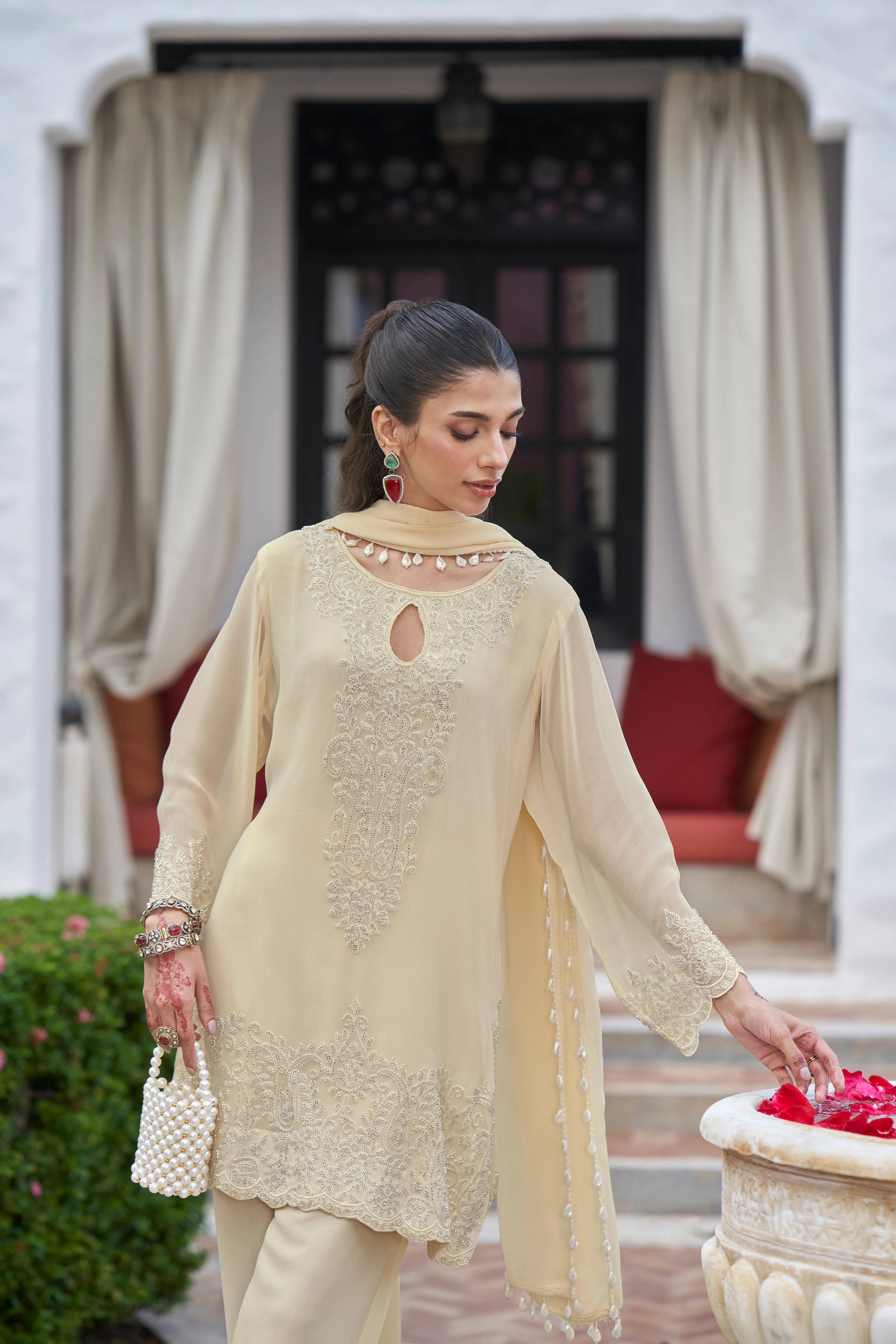 Butter Cream Embellished Georgette Silk Palazzo Set - Image 2