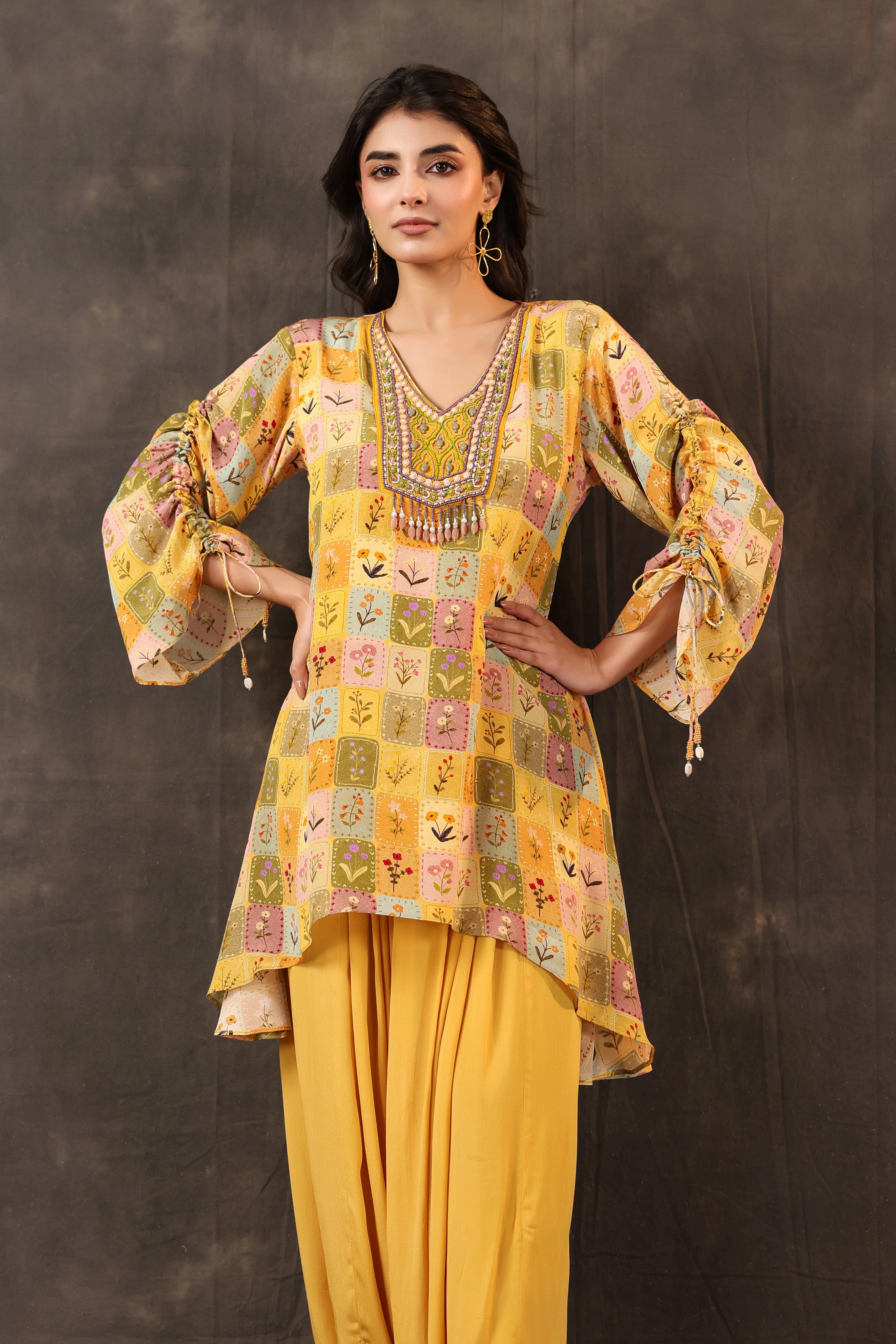 Bright Yellow Printed Crepe Silk Dhoti Set - Image 2