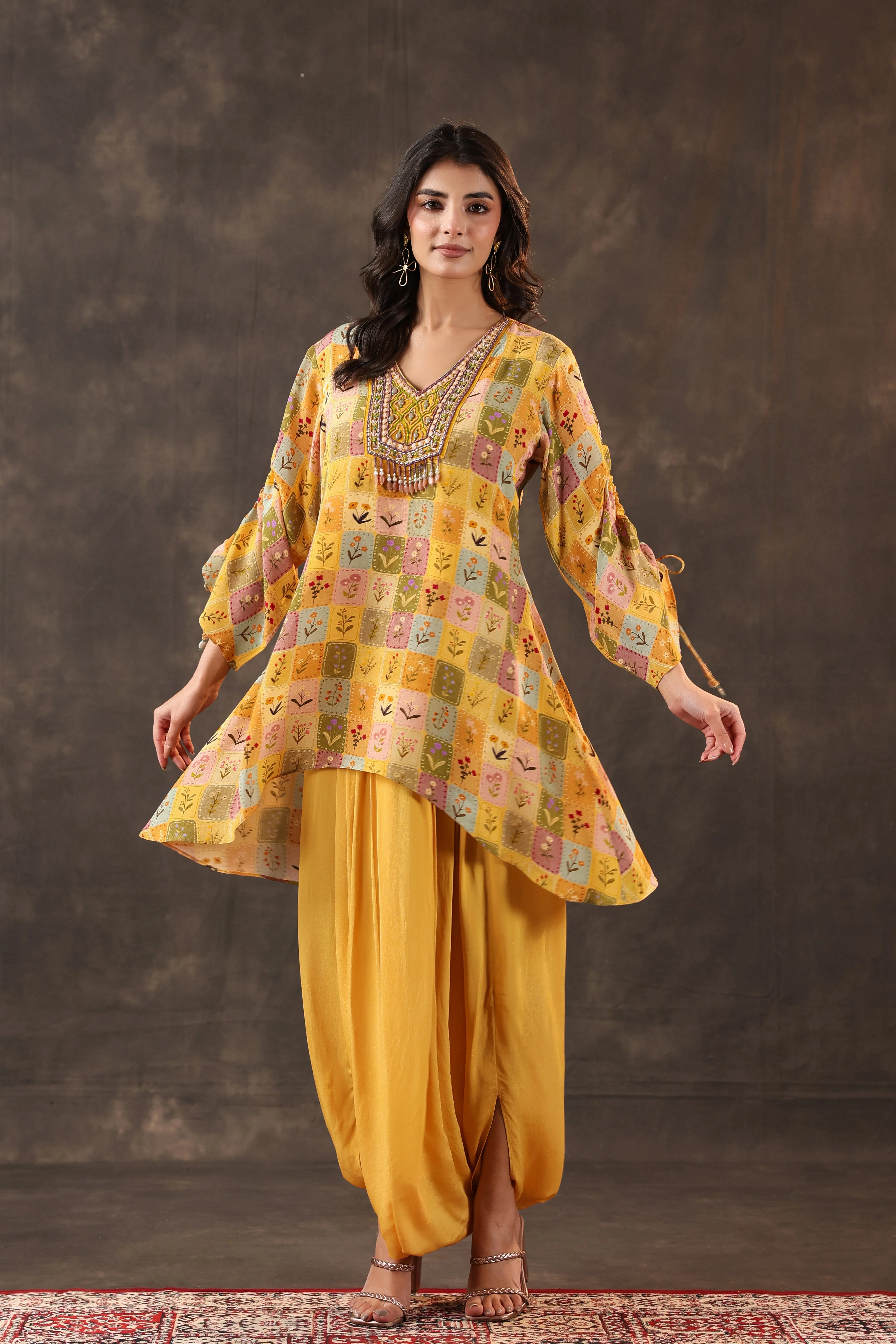 Bright Yellow Printed Crepe Silk Dhoti Set - Image 3