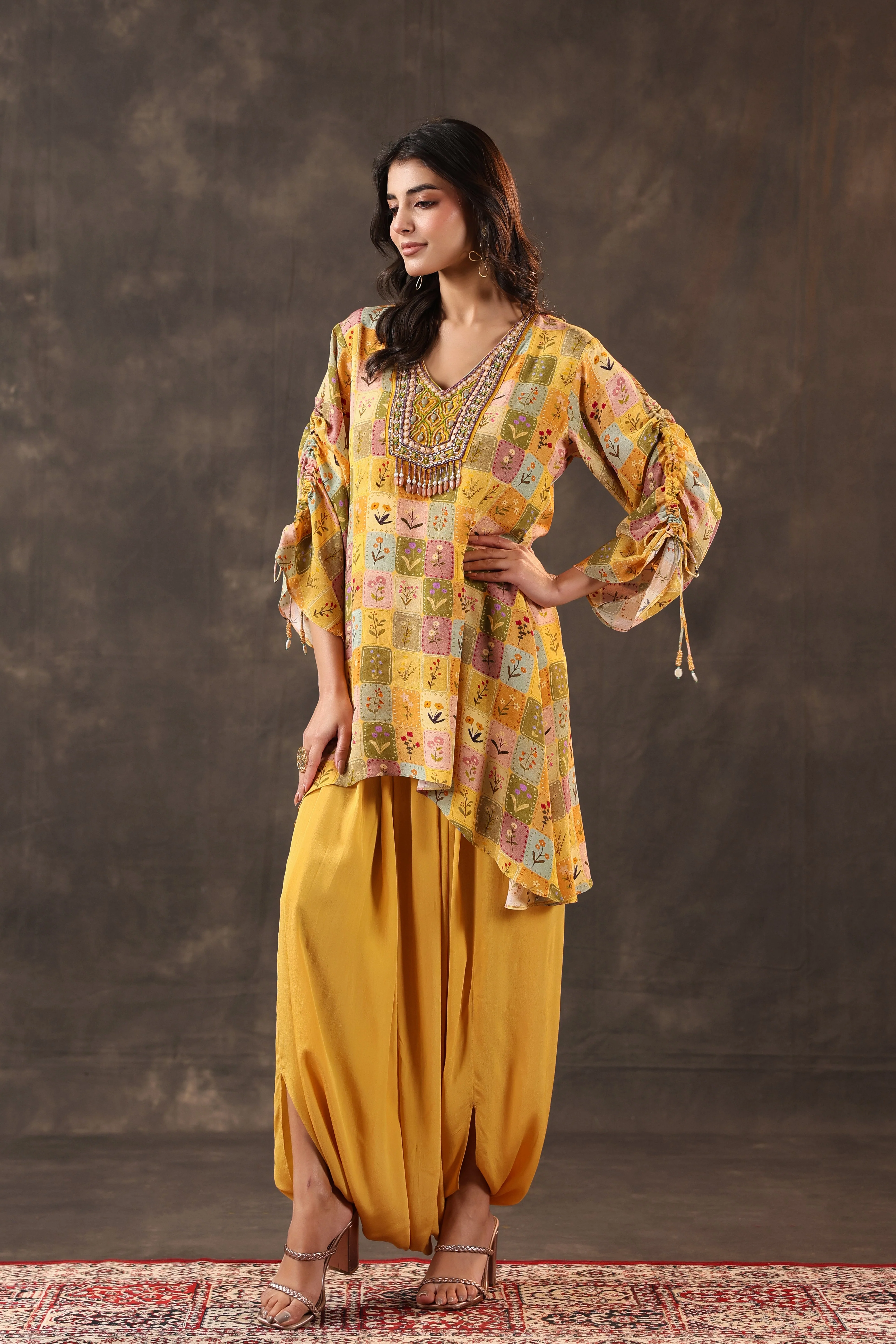 Bright Yellow Printed Crepe Silk Dhoti Set - Image 4