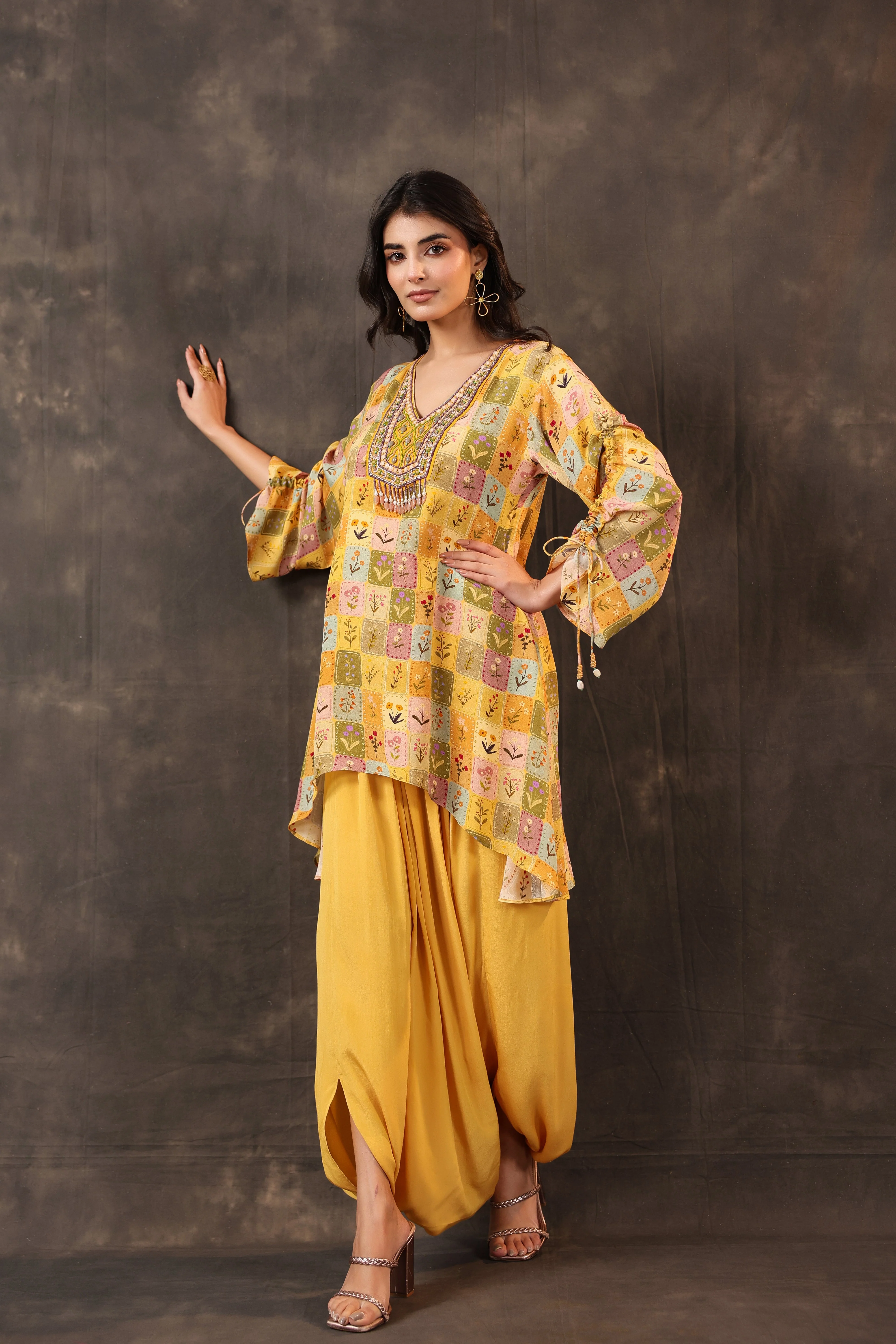 Bright Yellow Printed Crepe Silk Dhoti Set - Image 5