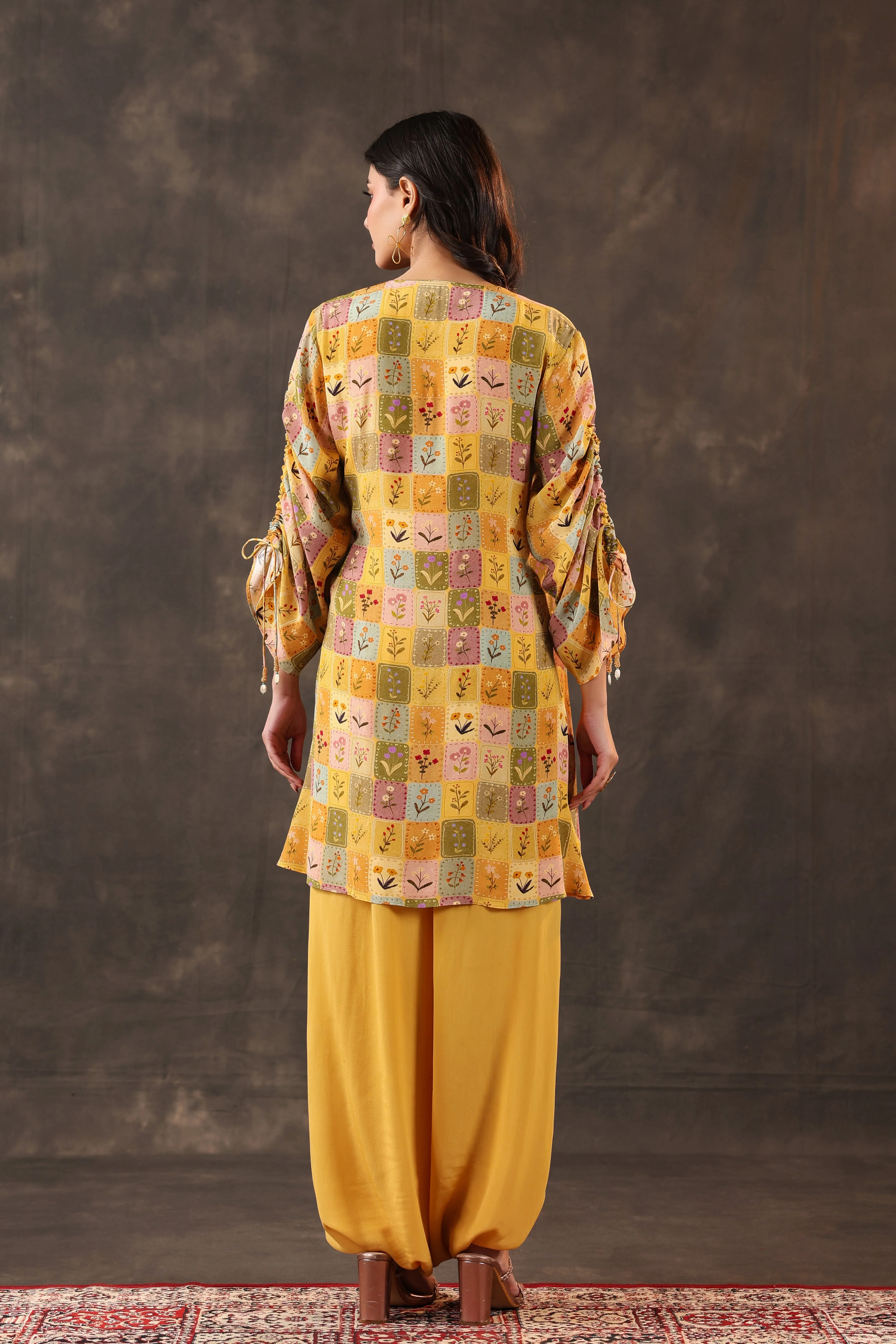 Bright Yellow Printed Crepe Silk Dhoti Set - Image 6