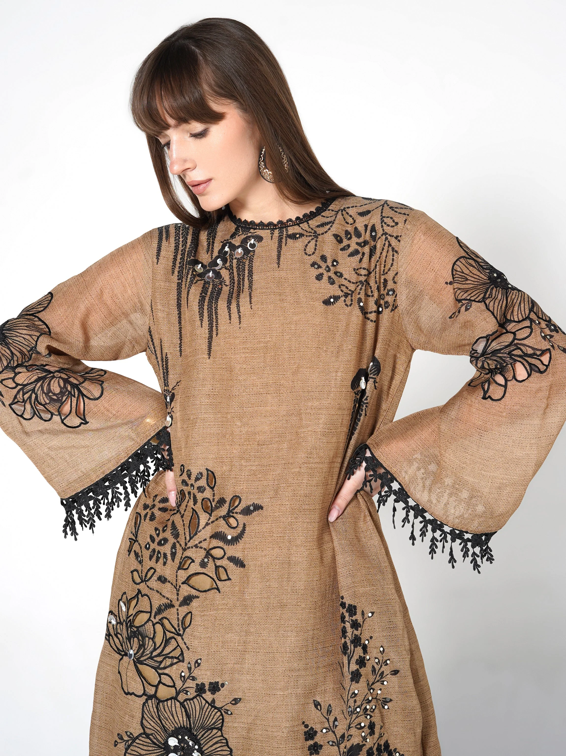 Camel Brown Printed Linen Silk Co-Ord Set - Image 2