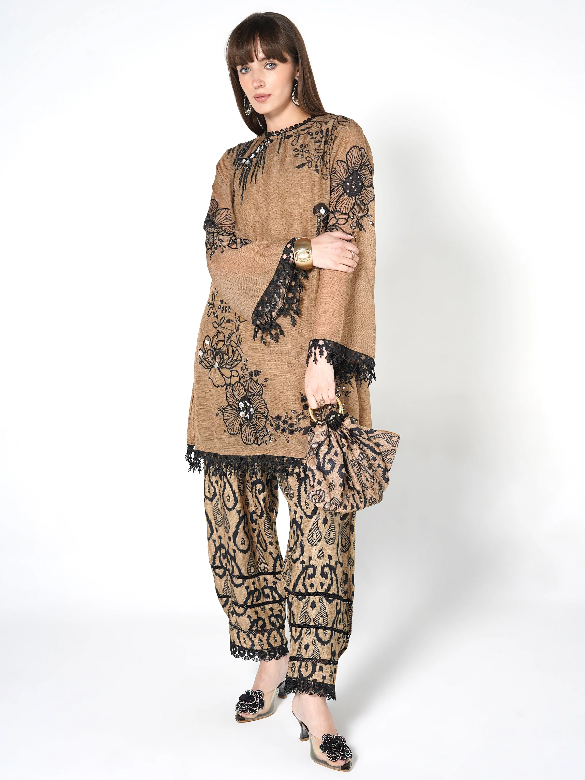 Camel Brown Printed Linen Silk Co-Ord Set - Image 3