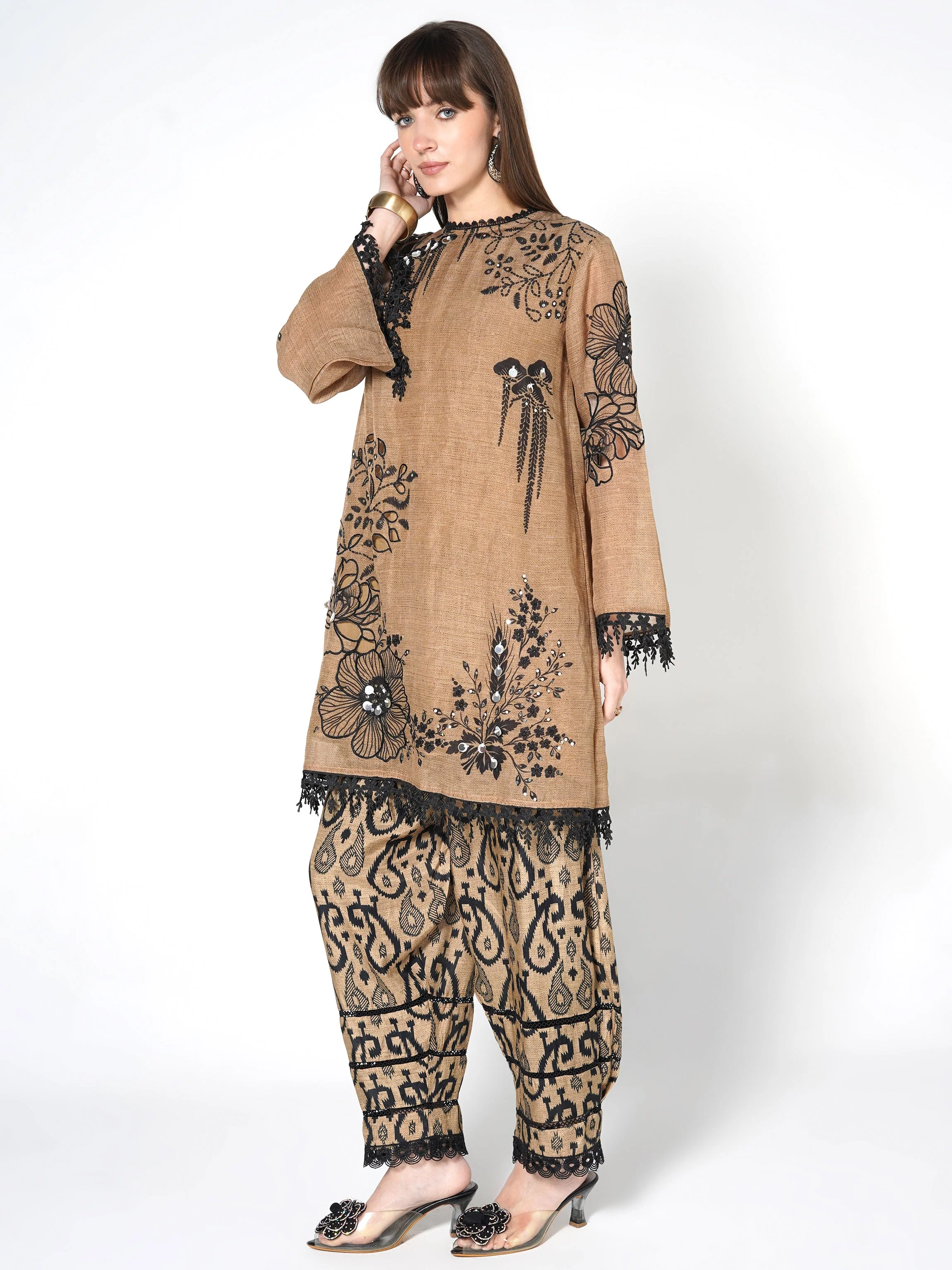 Camel Brown Printed Linen Silk Co-Ord Set - Image 4