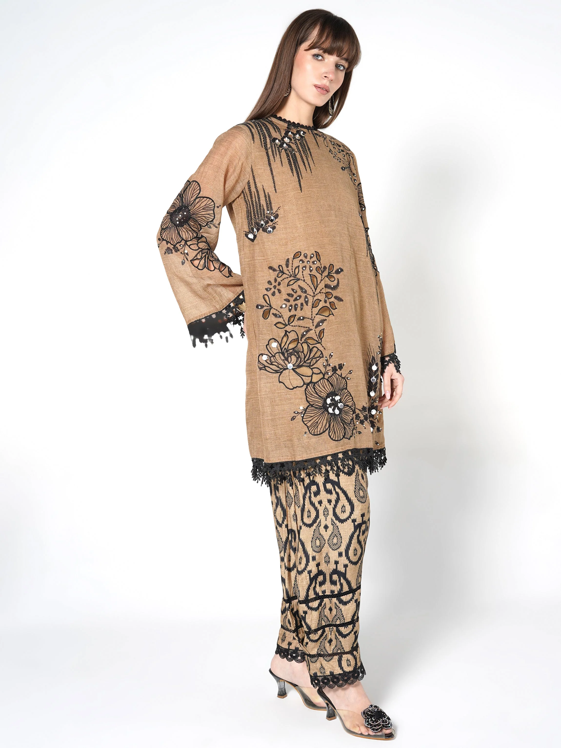 Camel Brown Printed Linen Silk Co-Ord Set - Image 6