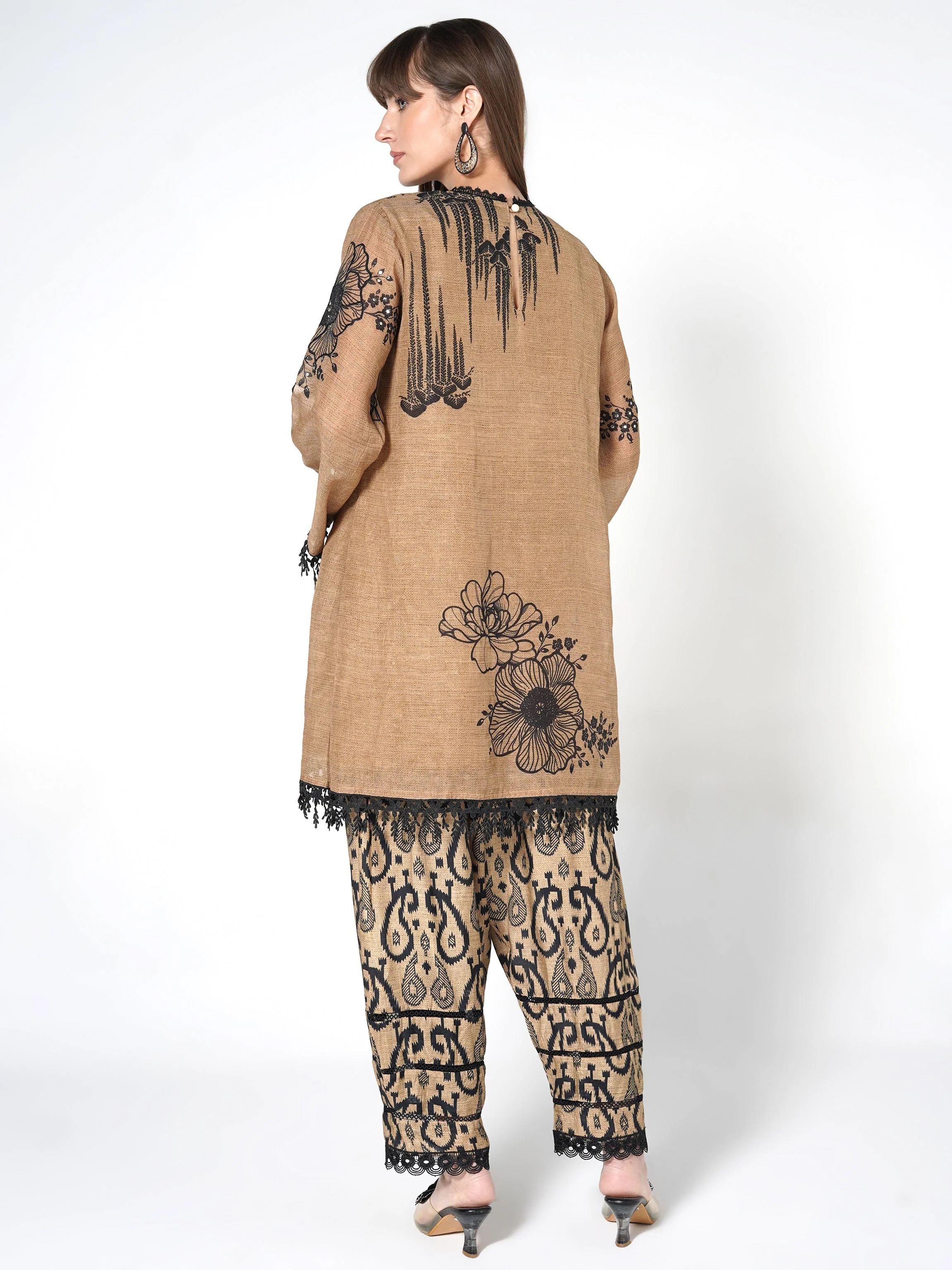 Camel Brown Printed Linen Silk Co-Ord Set - Image 7