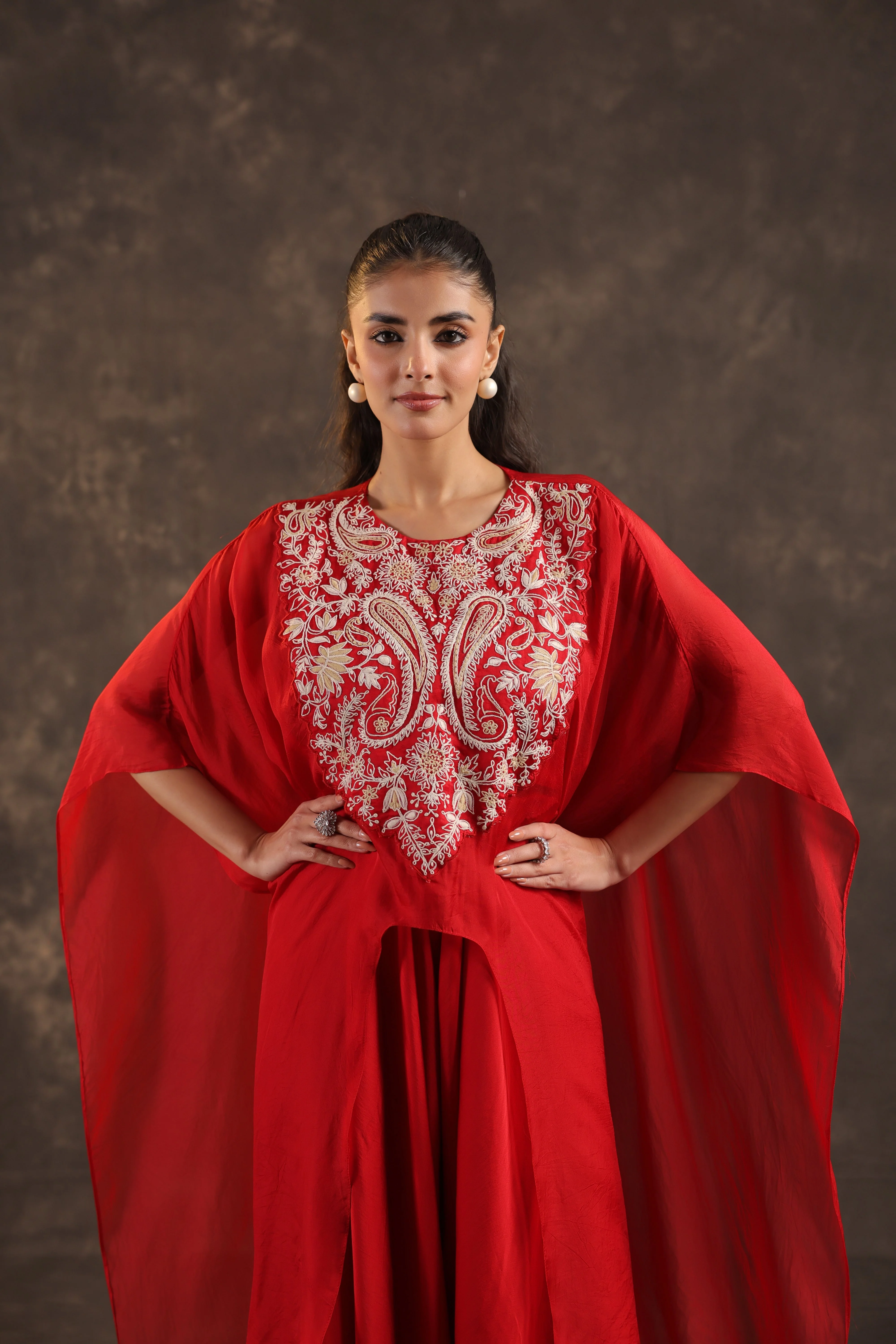 Red Cape Embellished Organza Silk Kurta Set - Image 2