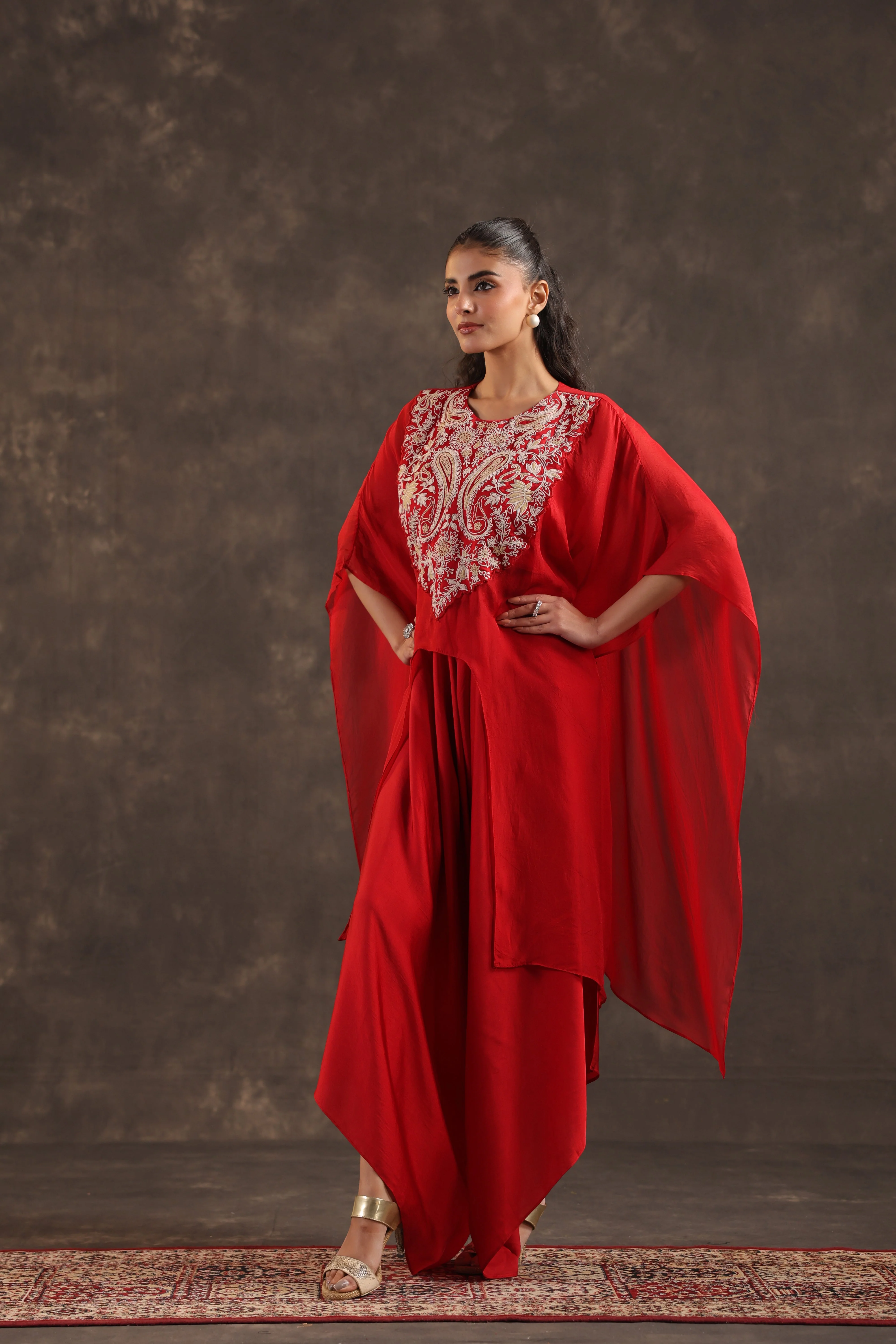 Red Cape Embellished Organza Silk Kurta Set - Image 3