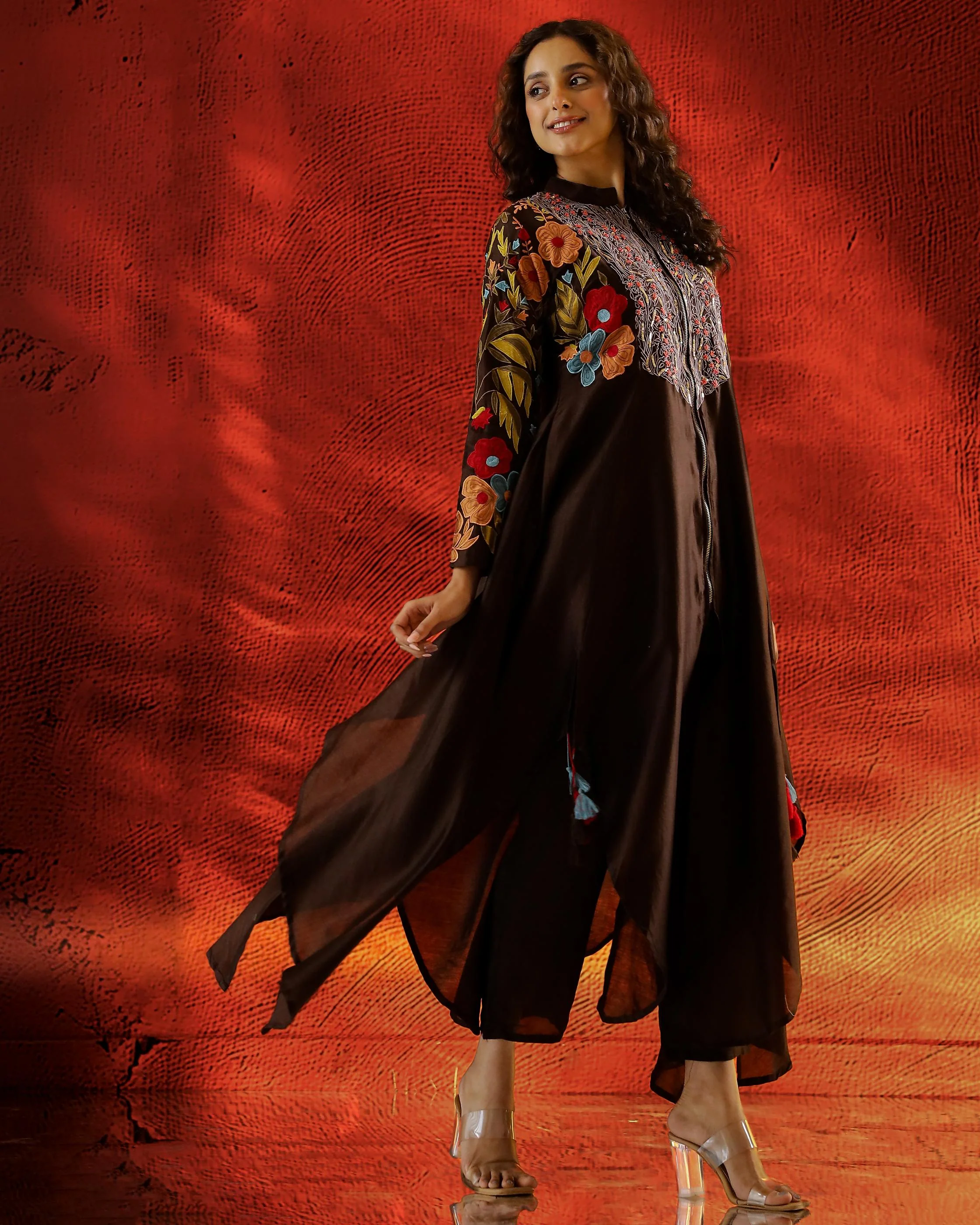 Brown Embroidered Raw Silk Kurta Set - Image 3