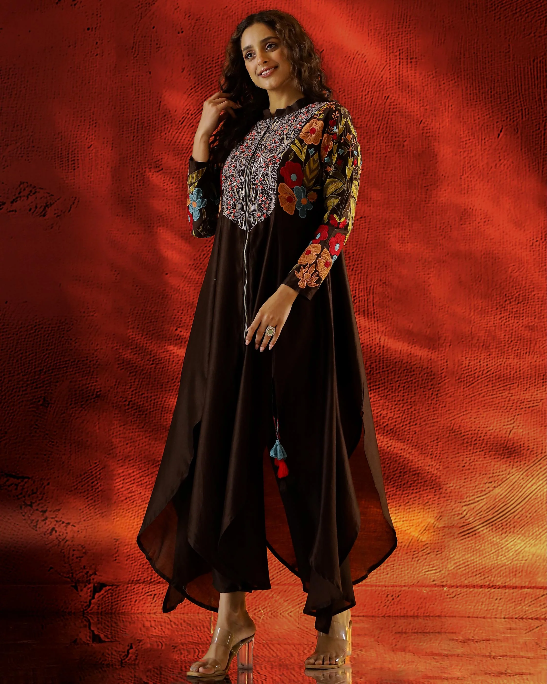 Brown Embroidered Raw Silk Kurta Set - Image 4