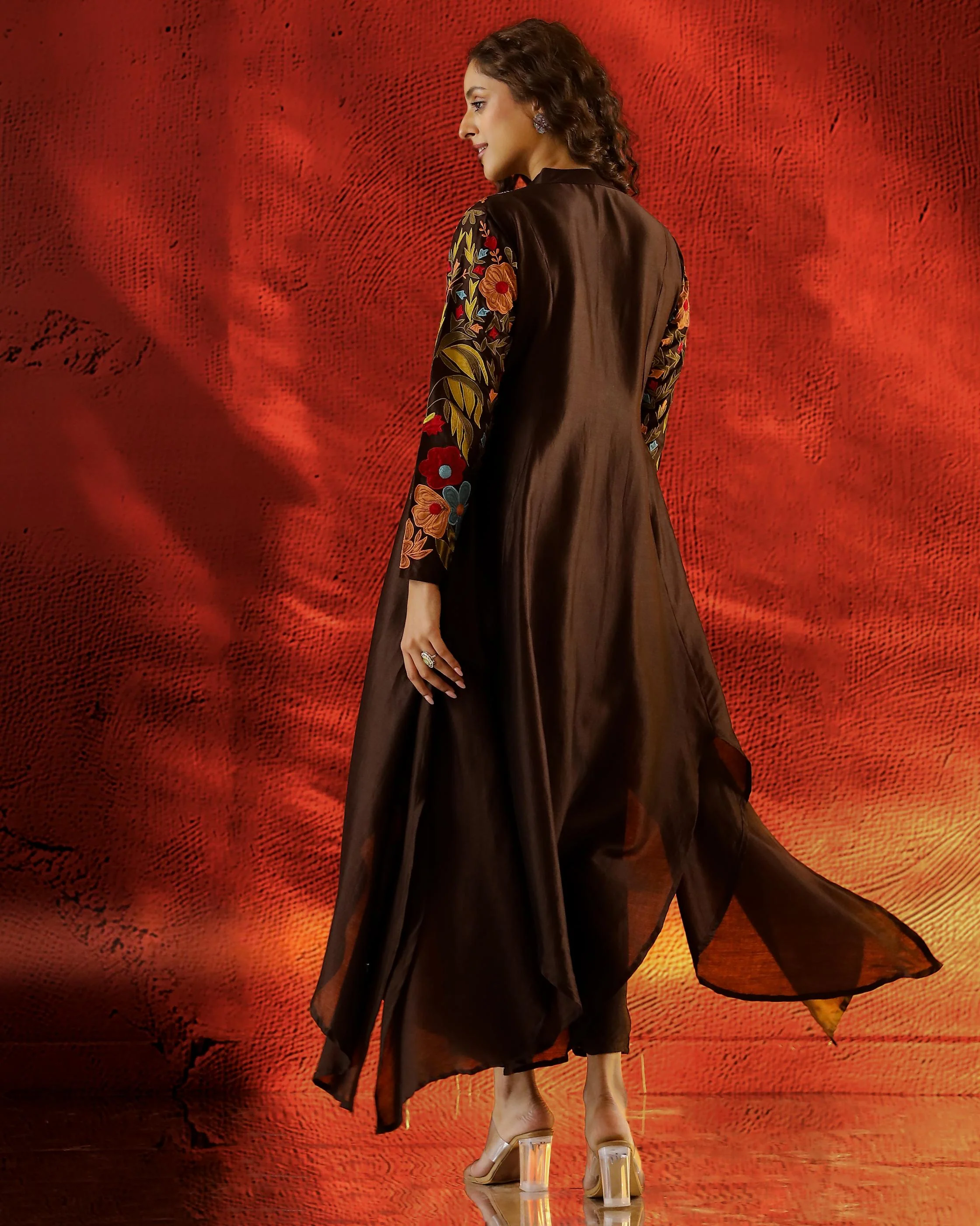 Brown Embroidered Raw Silk Kurta Set - Image 5