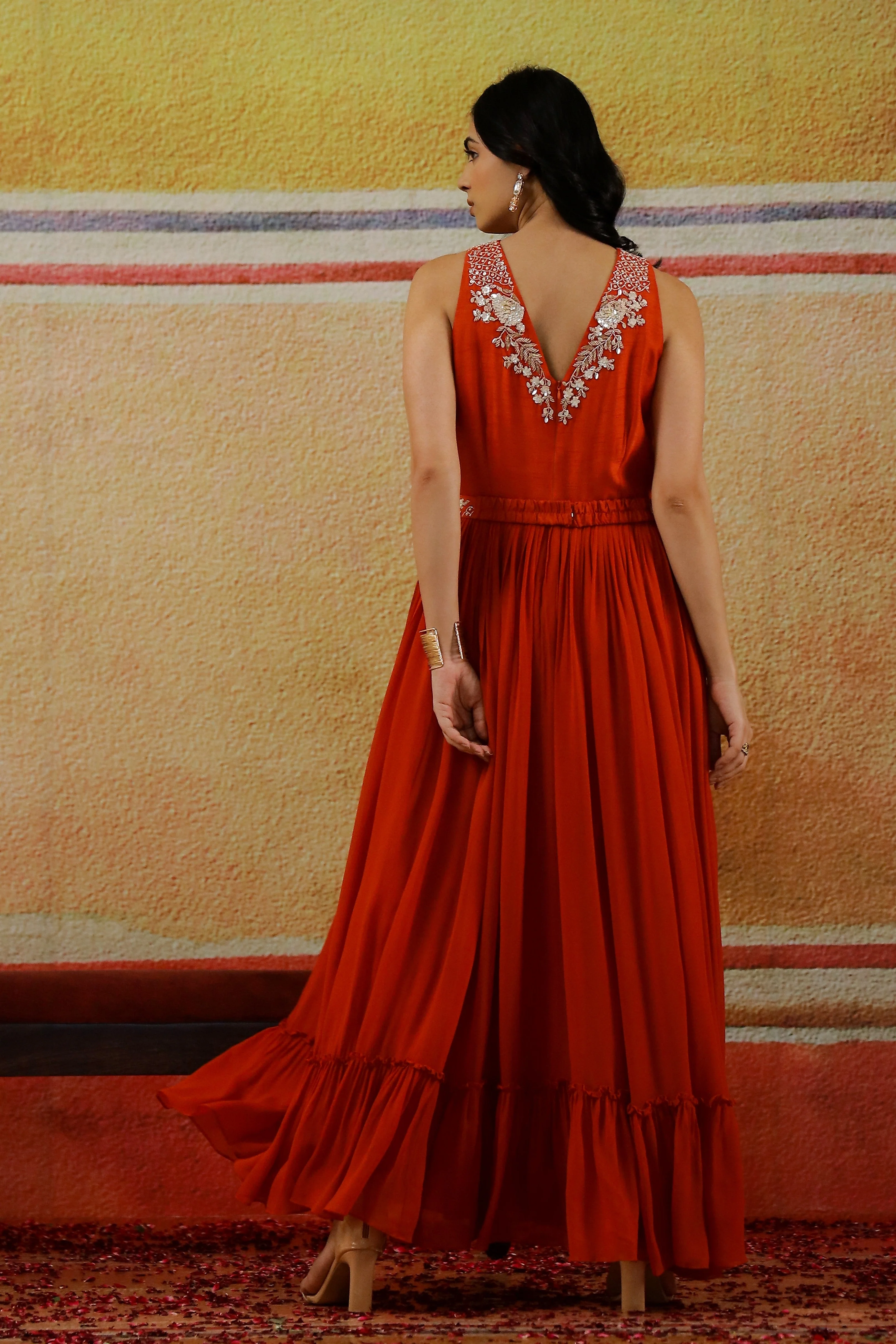 Carmine Red Embellished Vama Georgette Silk Gown - Image 5