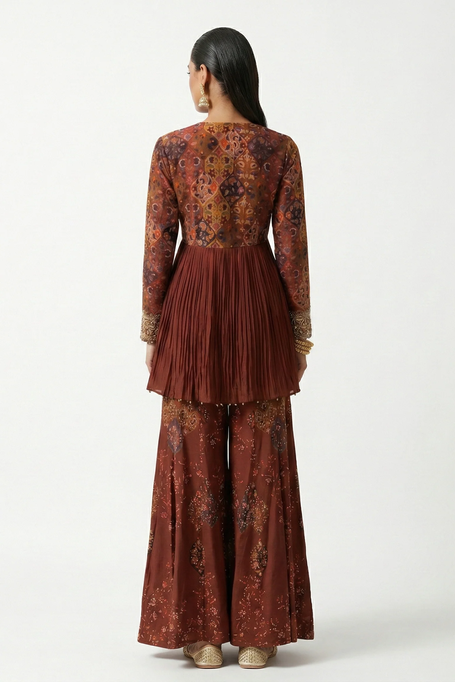 Rust Red Embellished Satin Silk Palazzo Set - Image 2