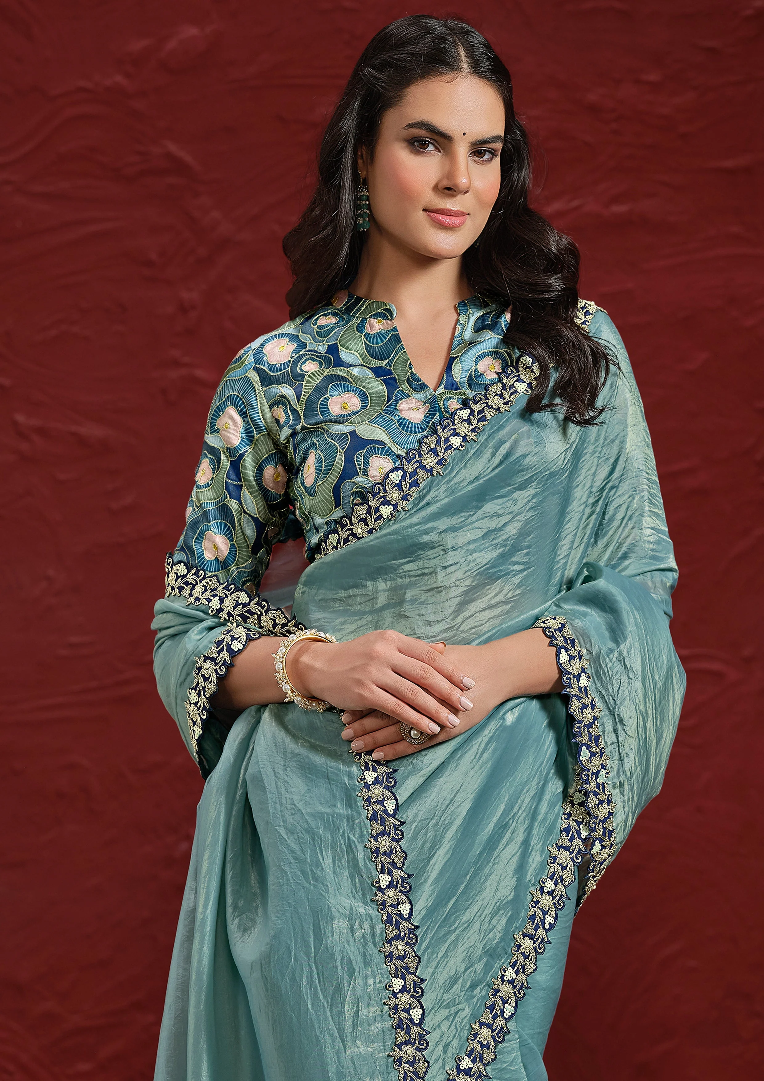 Sea Blue Embellished Paper Silk Saree - Image 2