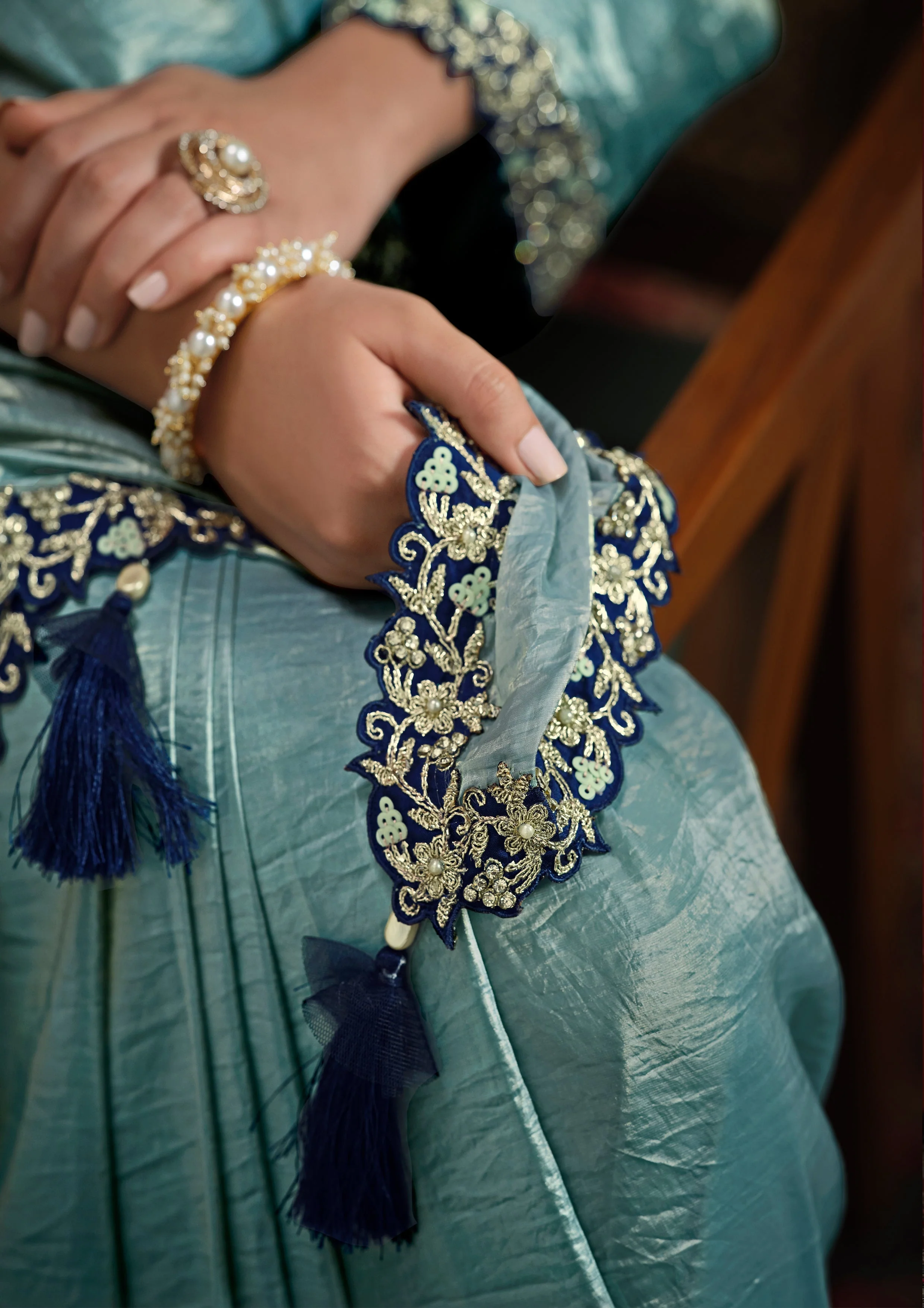 Sea Blue Embellished Paper Silk Saree - Image 3