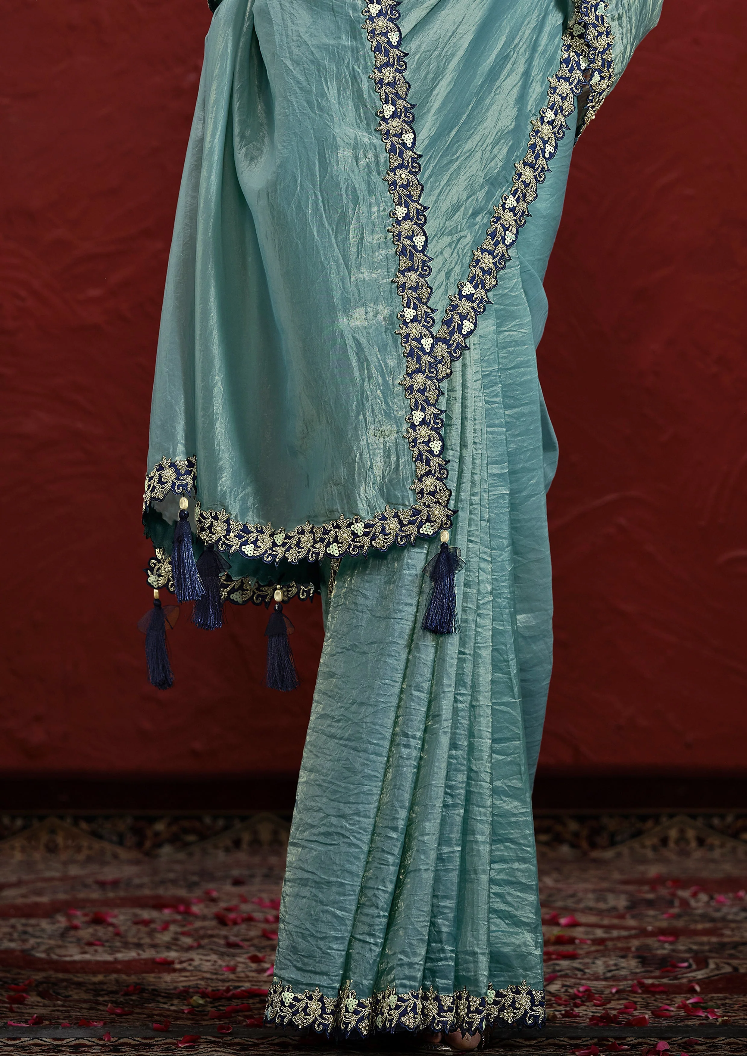 Sea Blue Embellished Paper Silk Saree - Image 4