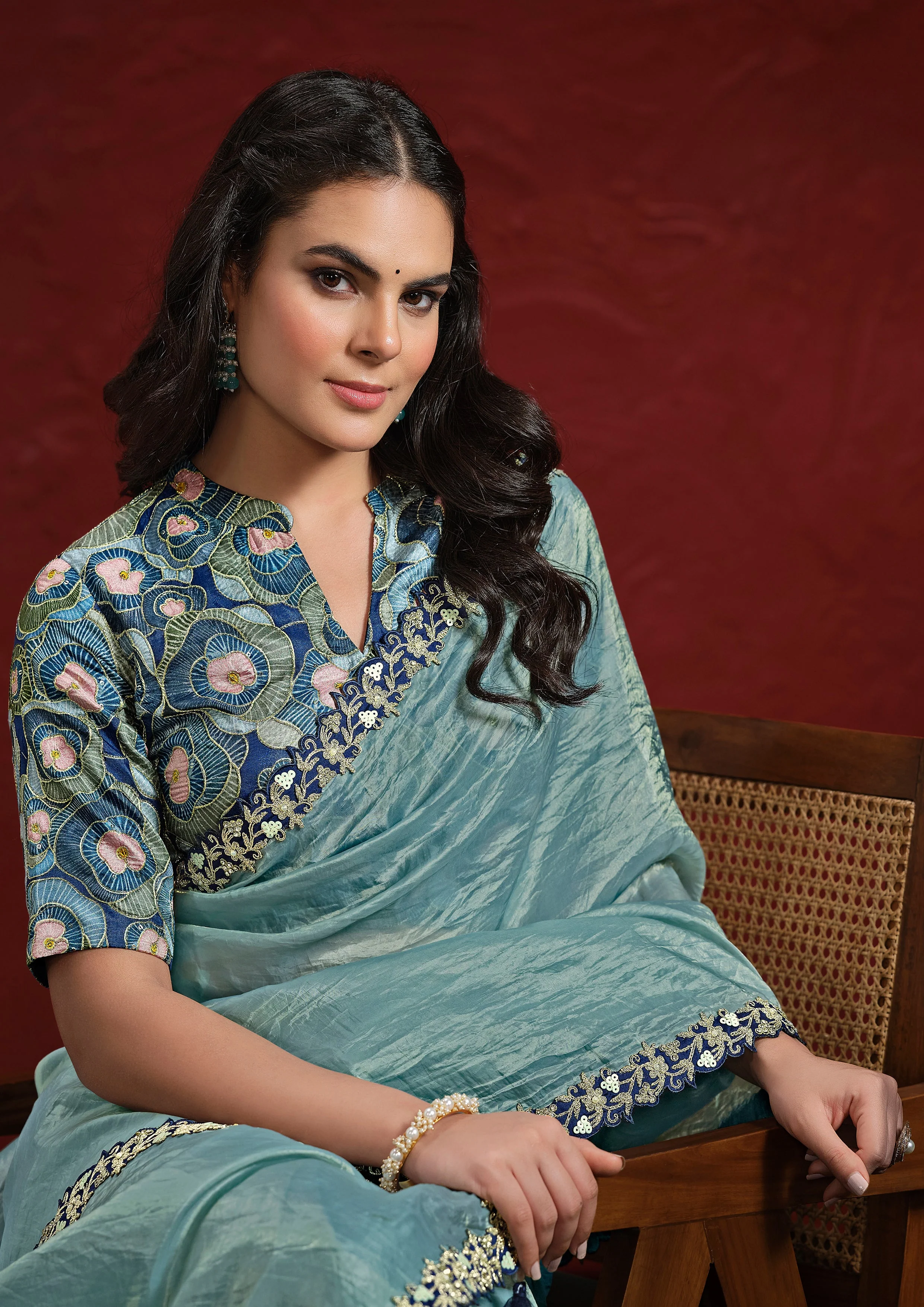 Sea Blue Embellished Paper Silk Saree - Image 5