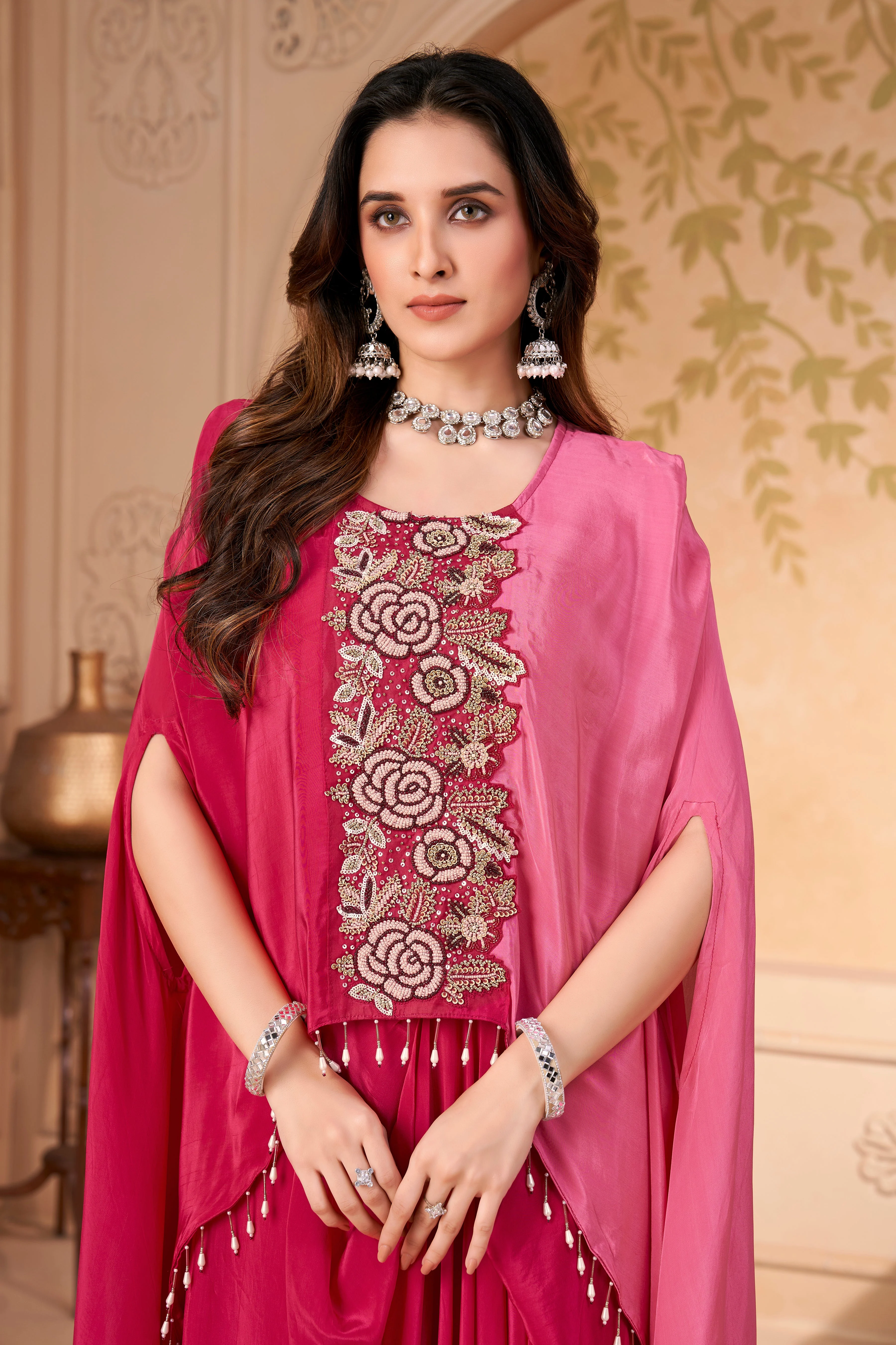 Cerise Embellished Crepe Silk Kaftan Set - Image 2