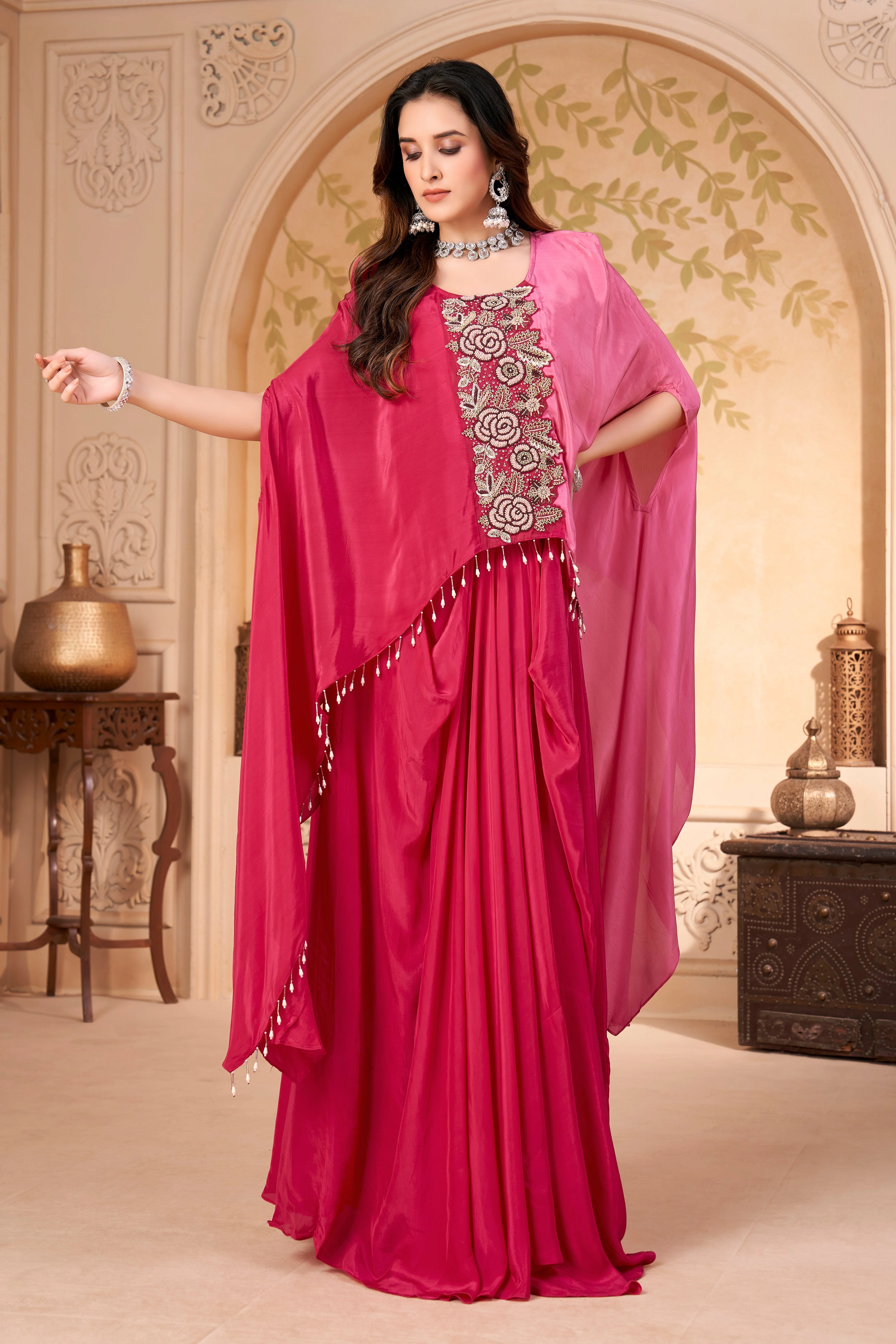 Cerise Embellished Crepe Silk Kaftan Set - Image 3