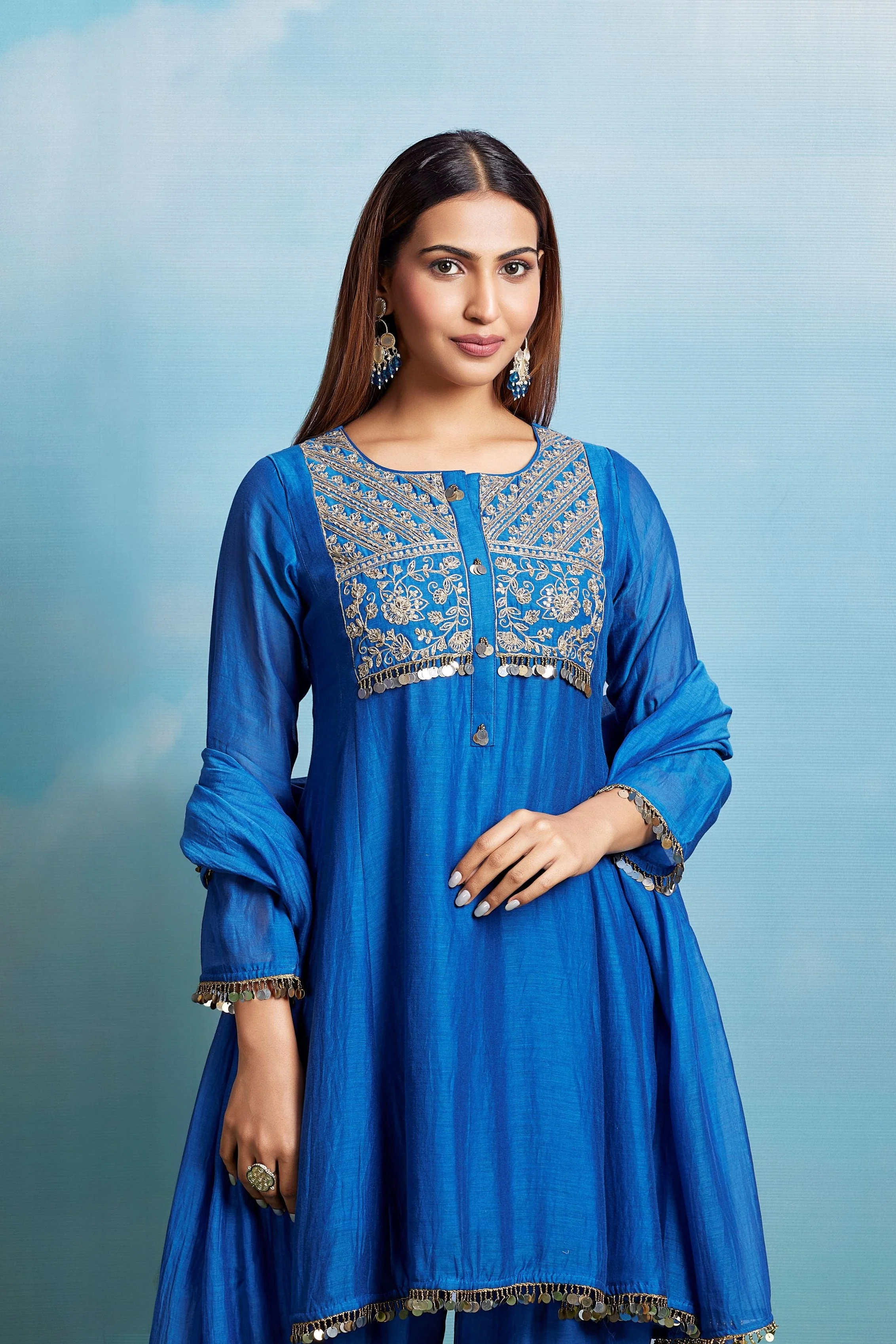 Cerulean Blue Embellished Chanderi Silk Pant Set - Image 2