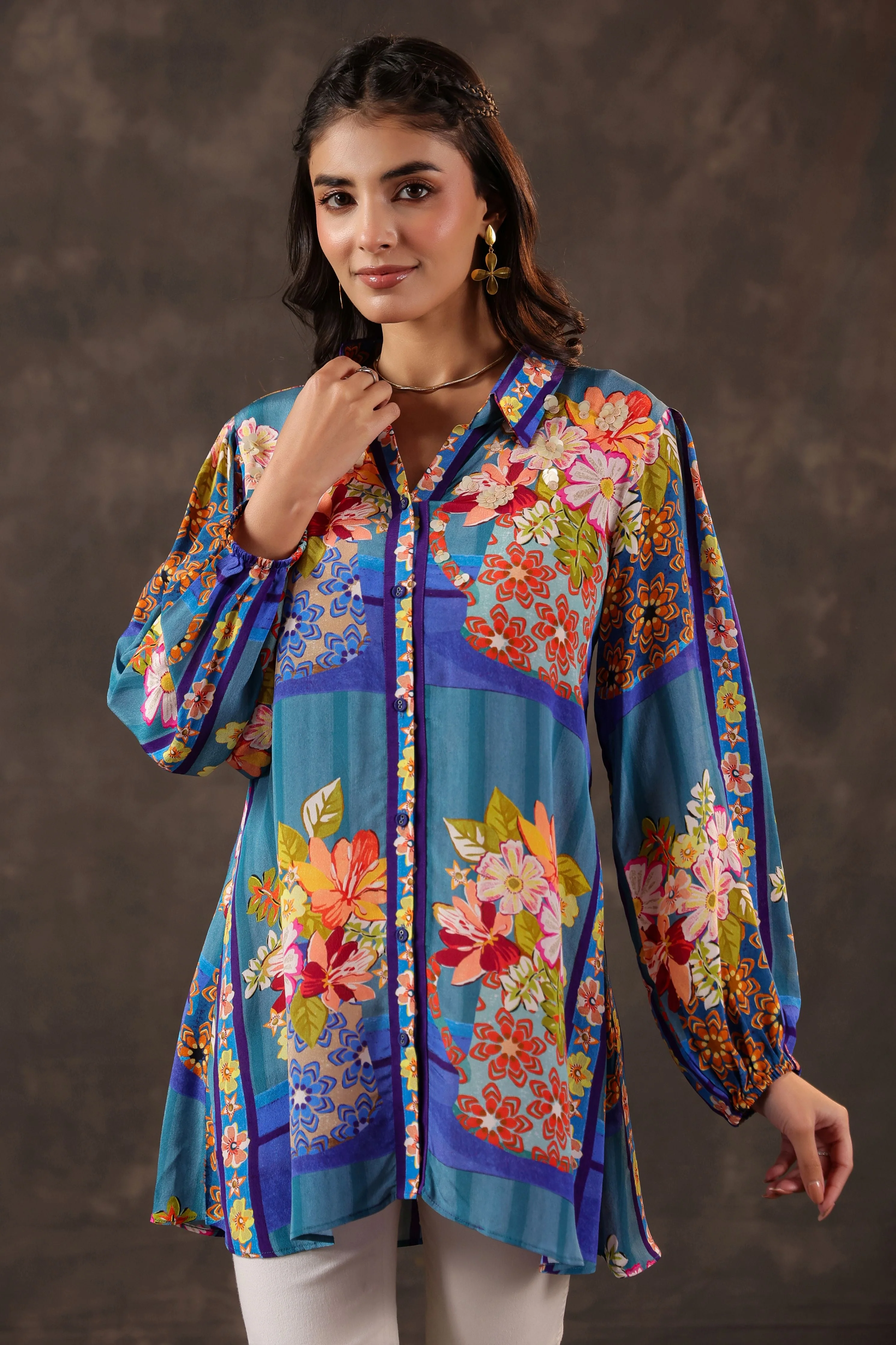Cerulean Garden Printed Crepe Silk Top - Image 2