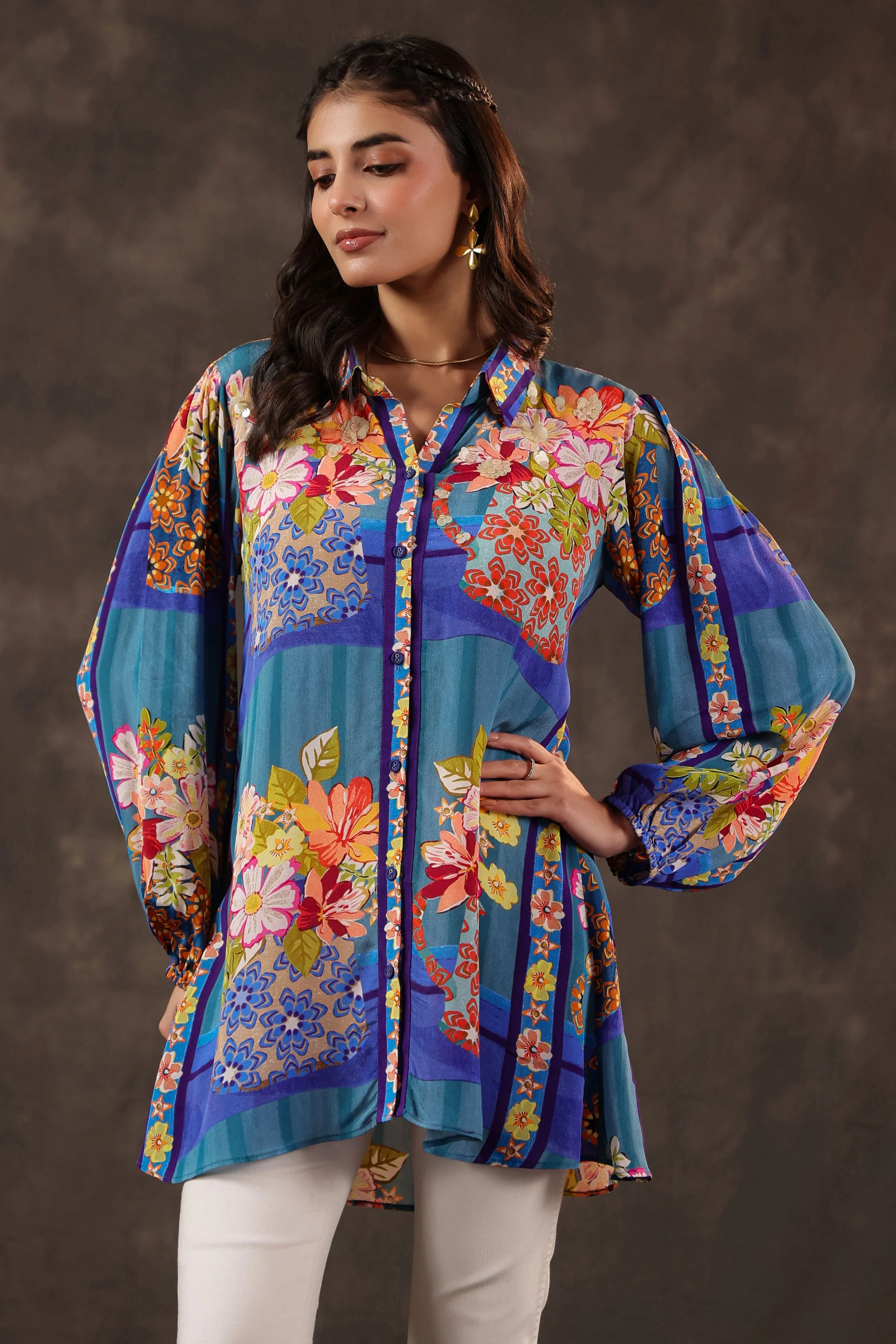 Cerulean Garden Printed Crepe Silk Top - Image 3
