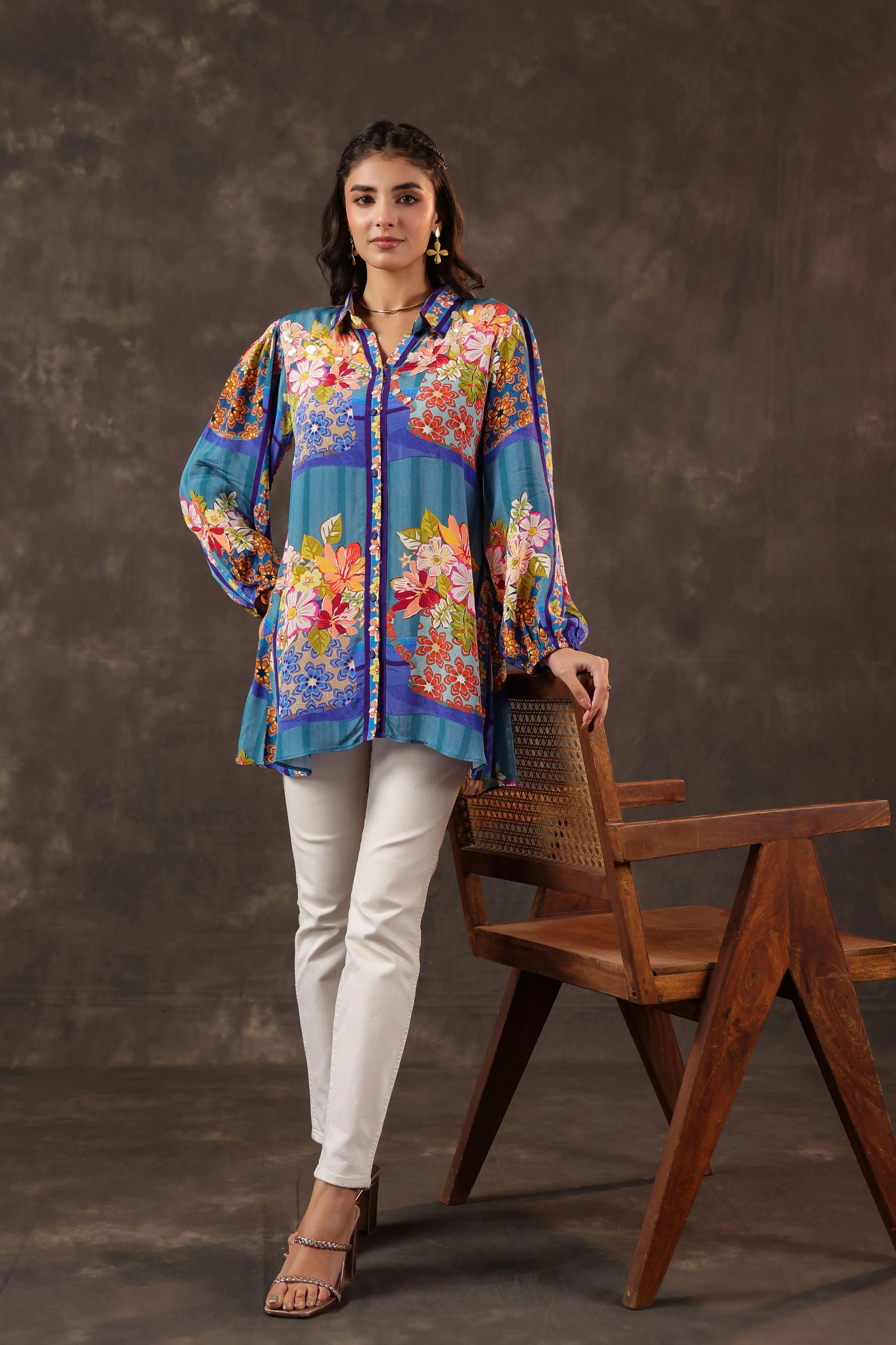 Cerulean Garden Printed Crepe Silk Top - Image 4