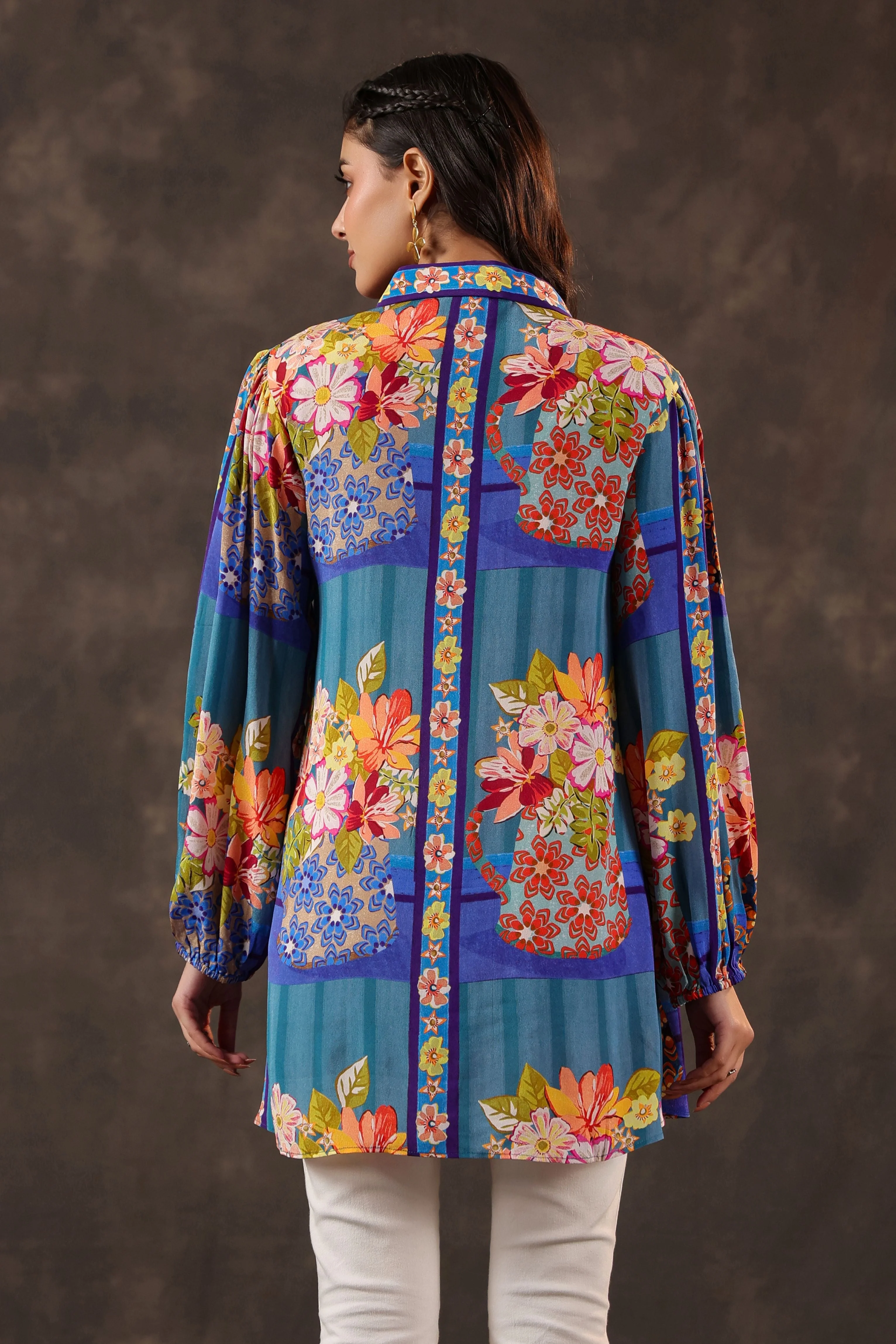 Cerulean Garden Printed Crepe Silk Top - Image 5