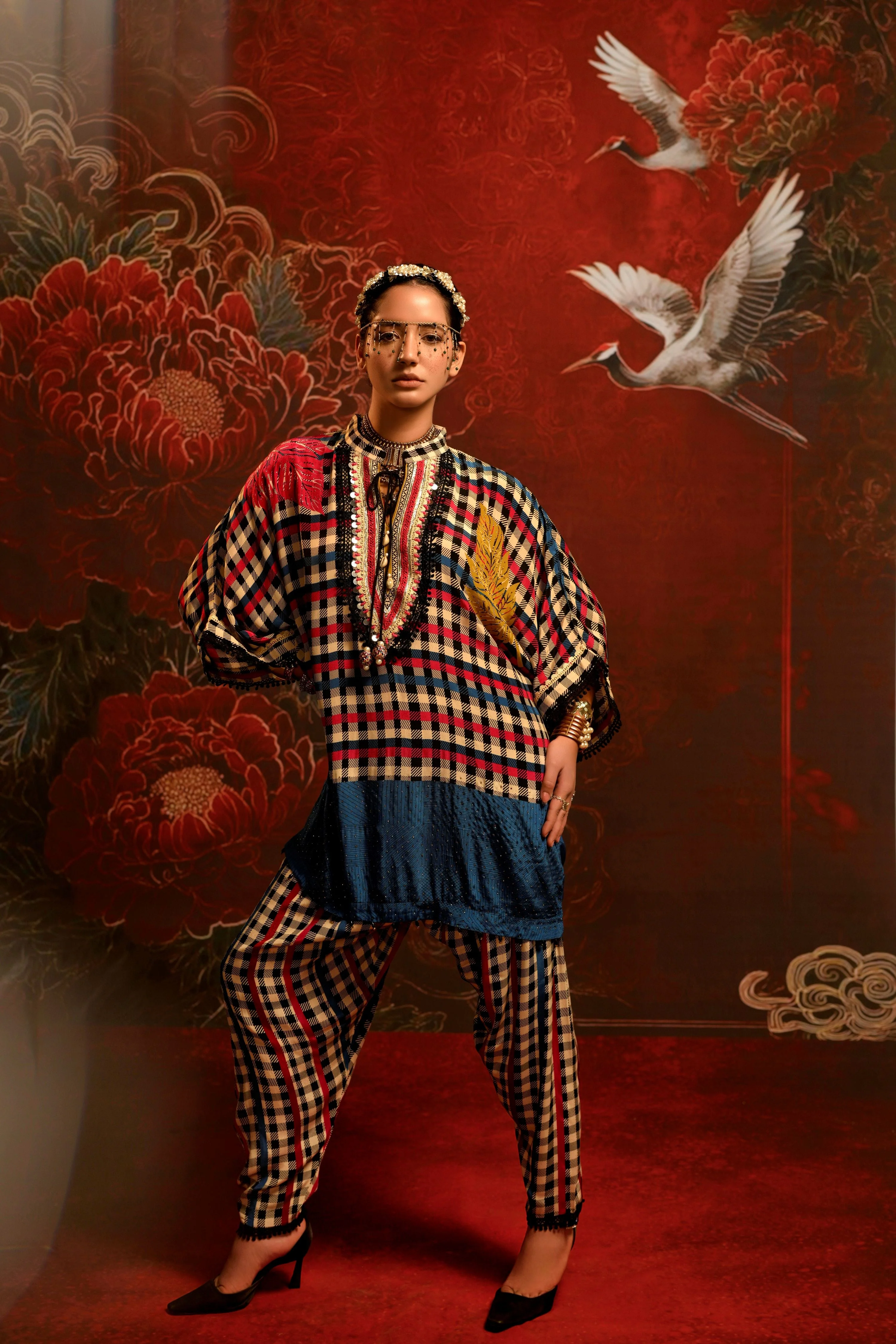 Cerulean Gingham Printed Crepe Silk Co-Ord Set - Image 3