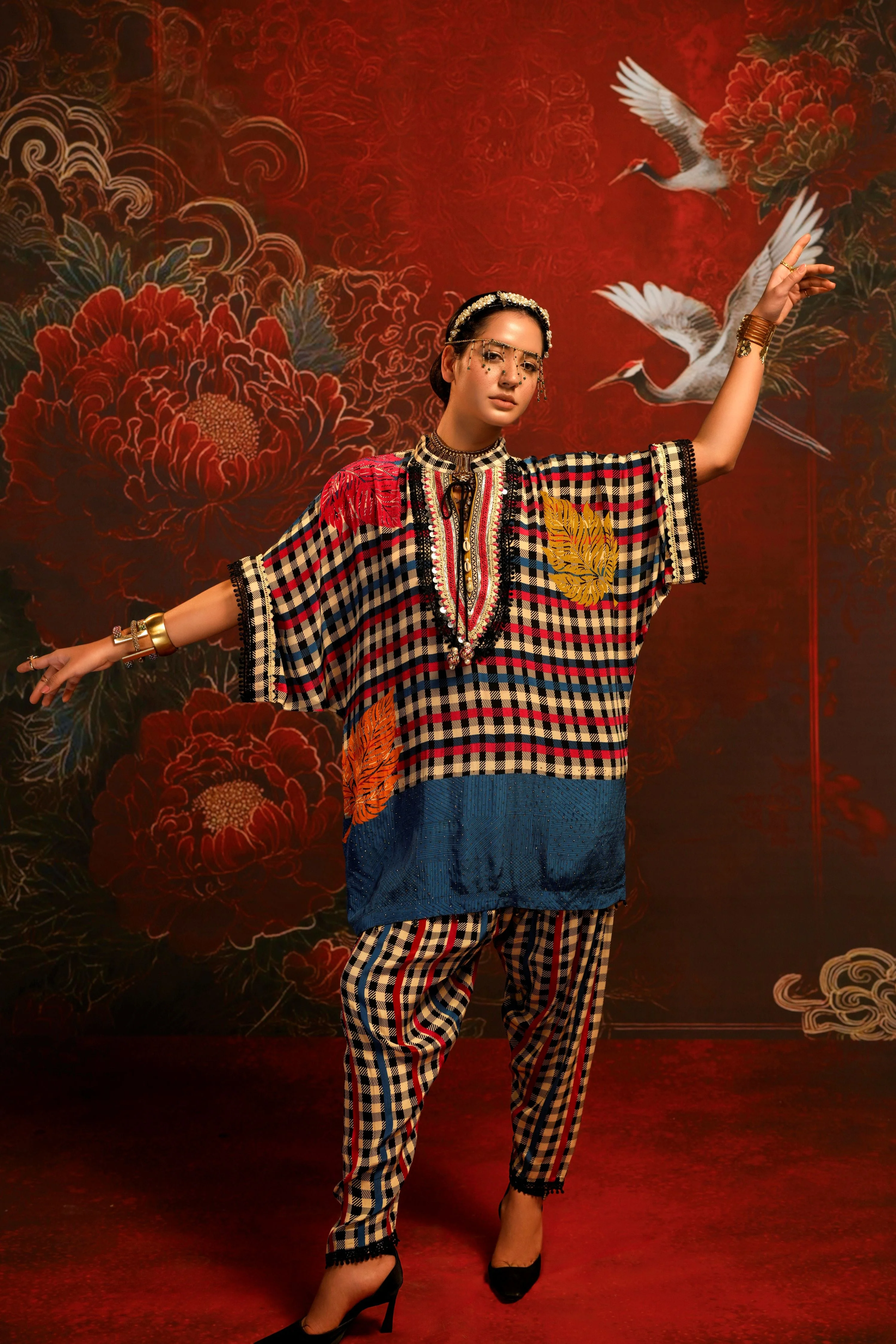Cerulean Gingham Printed Crepe Silk Co-Ord Set - Image 4