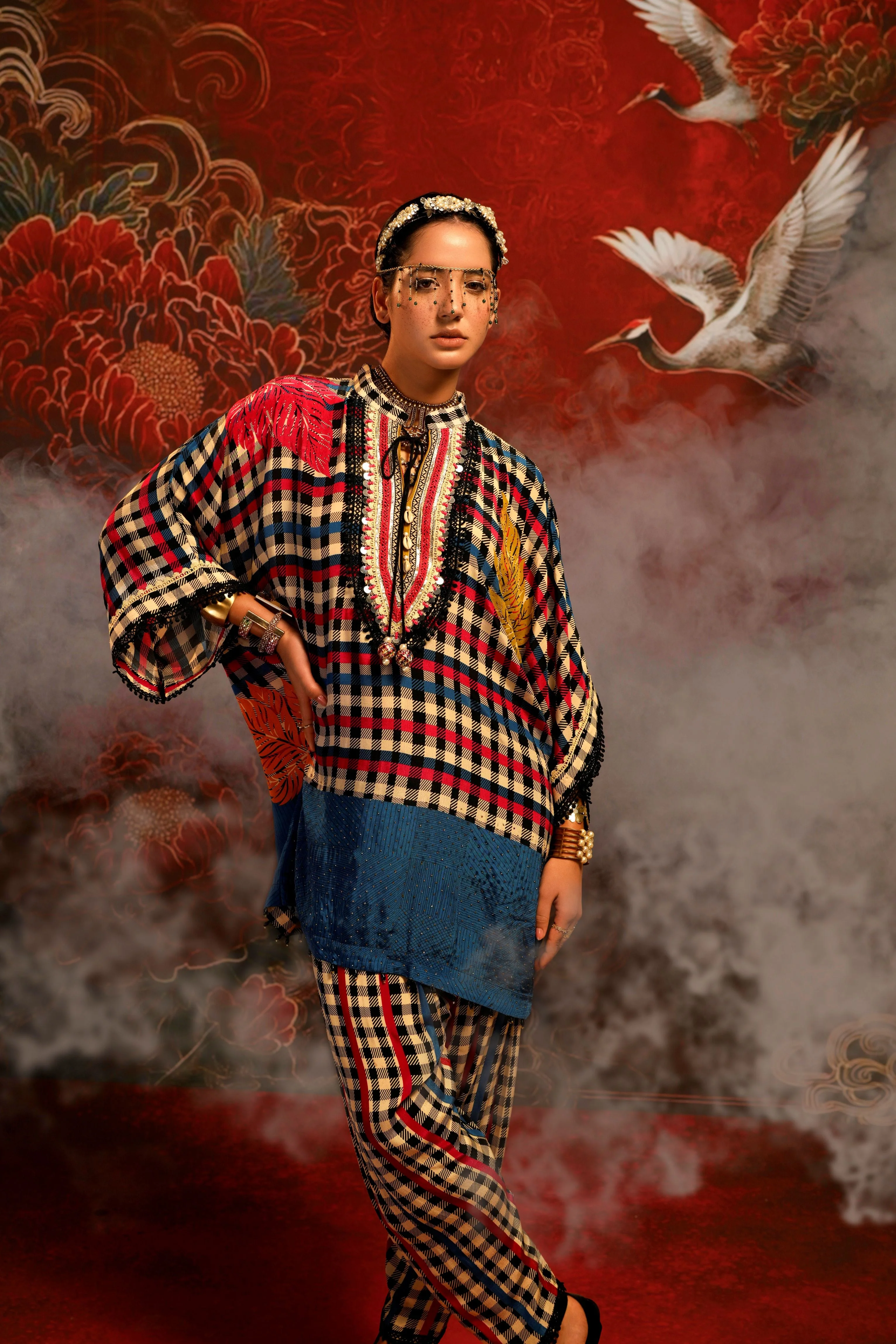 Cerulean Gingham Printed Crepe Silk Co-Ord Set - Image 6