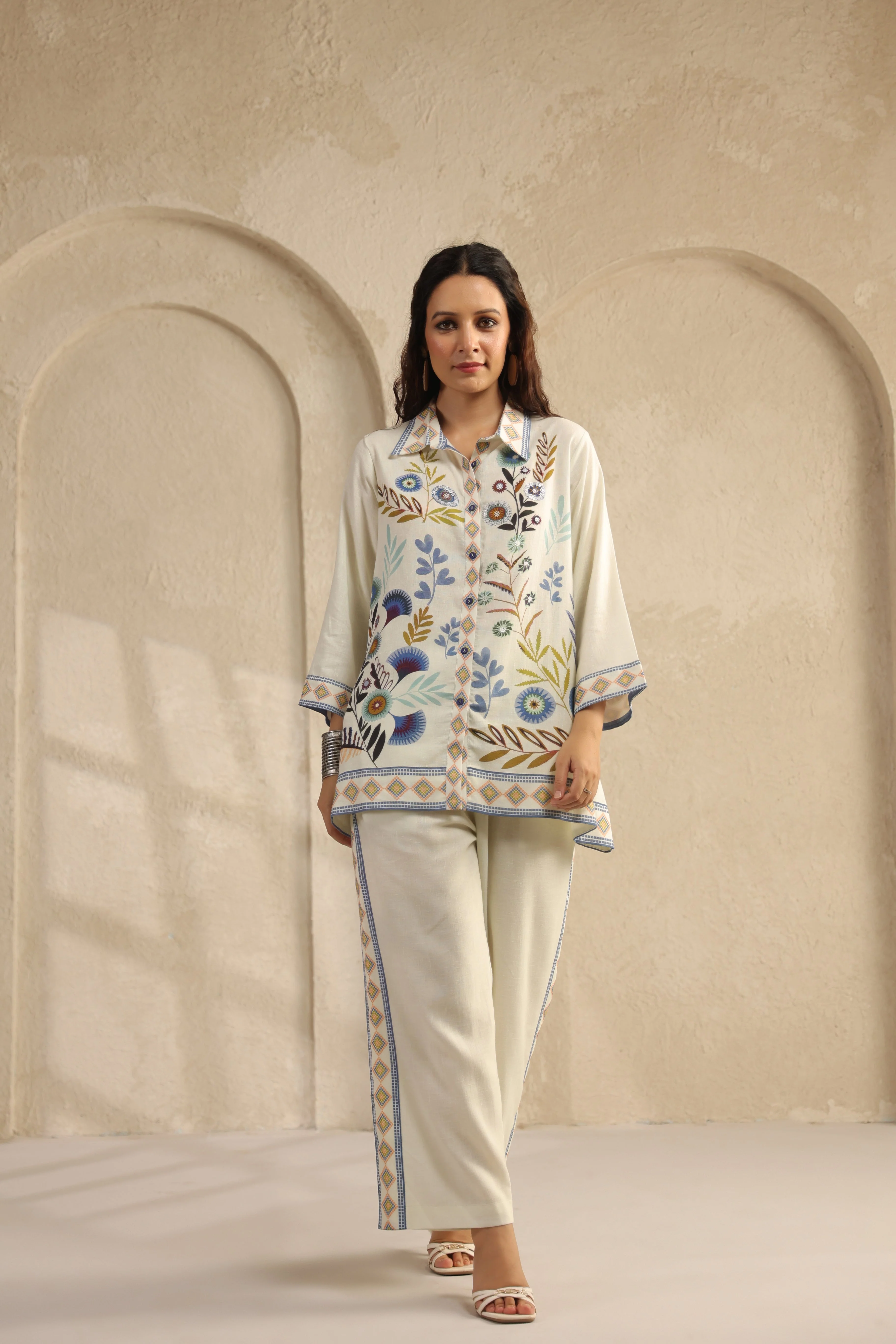 Chalk White Floral Printed Pure Linen Co-Ord Set