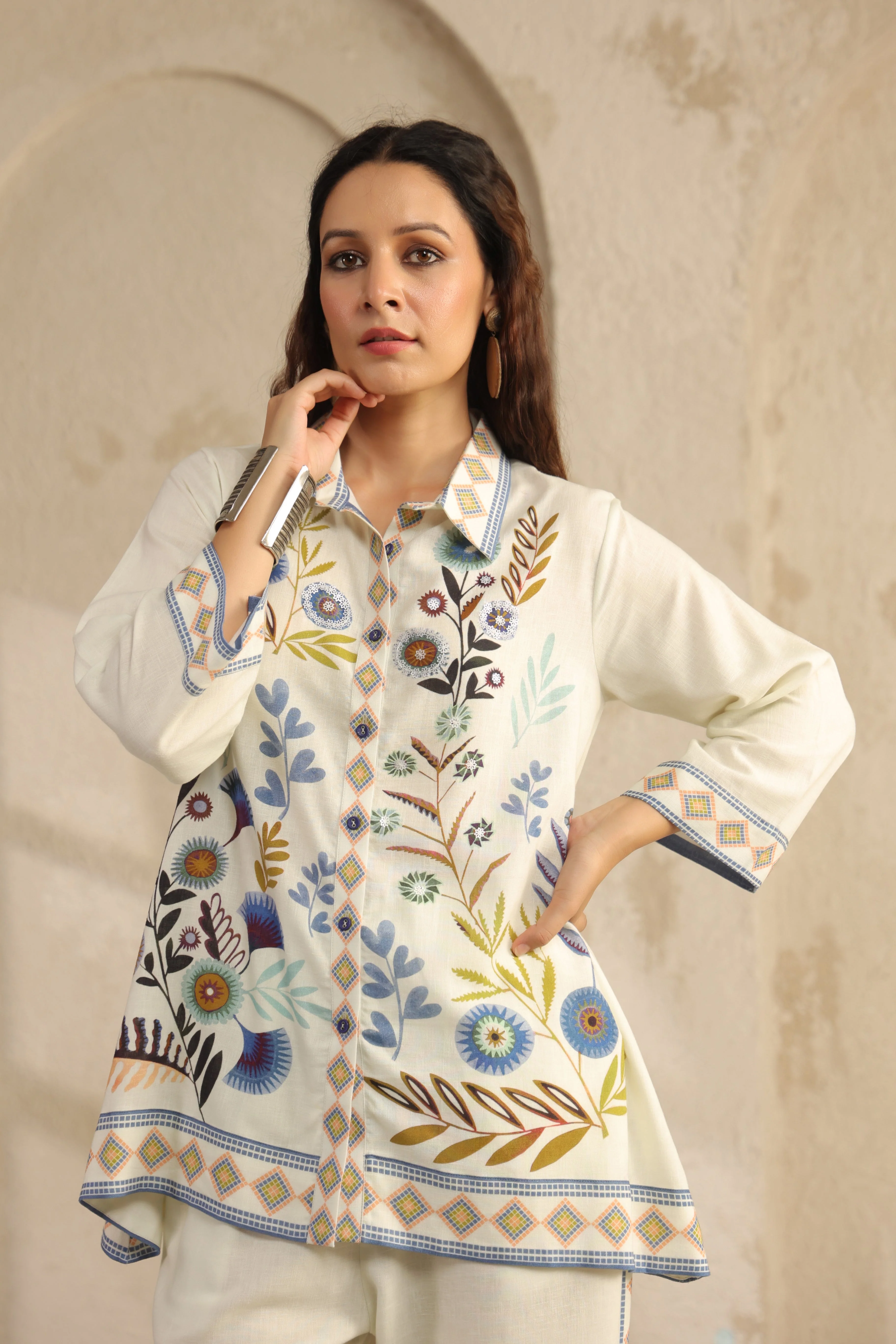 Chalk White Floral Printed Pure Linen Co-Ord Set - Image 3