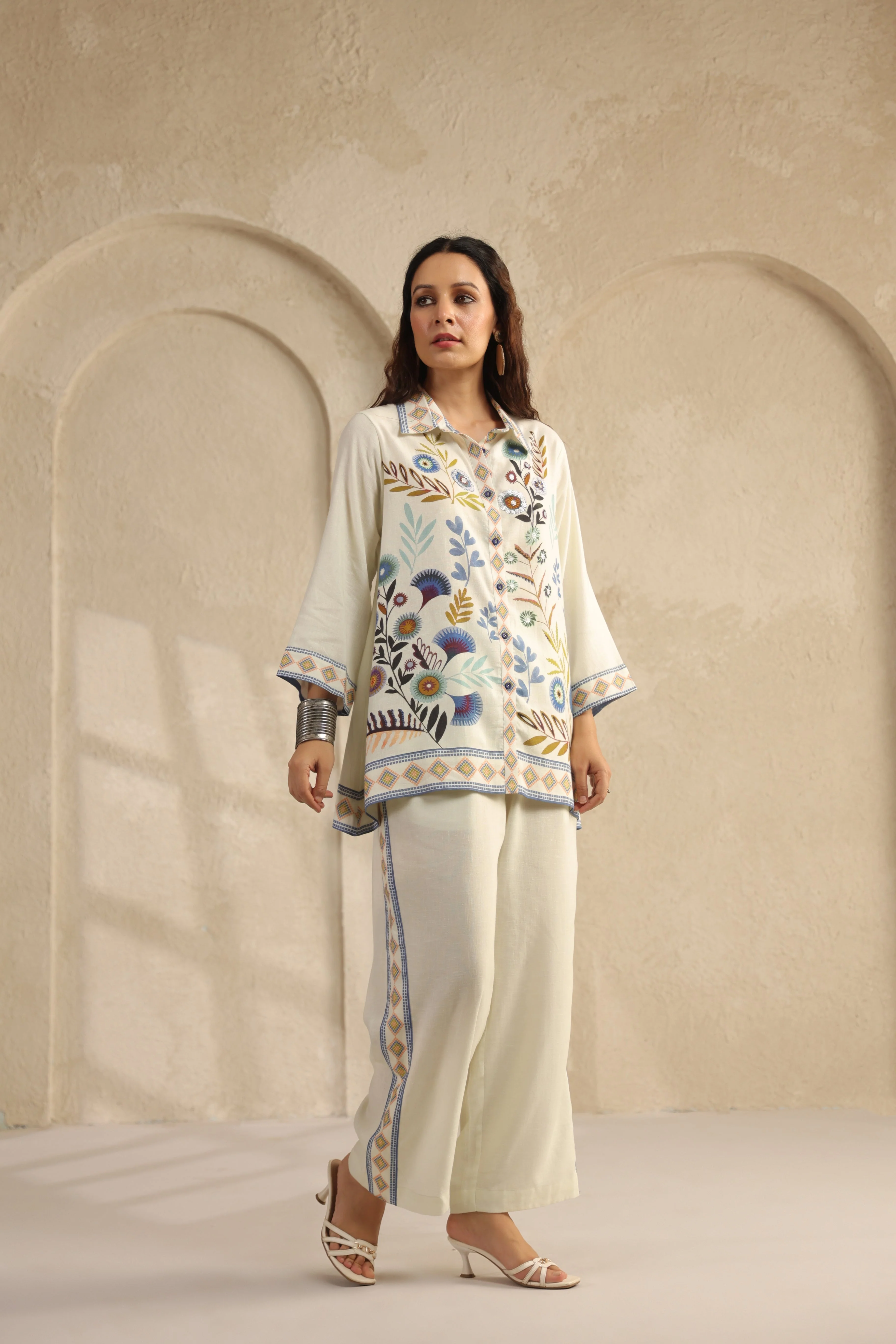 Chalk White Floral Printed Pure Linen Co-Ord Set - Image 4