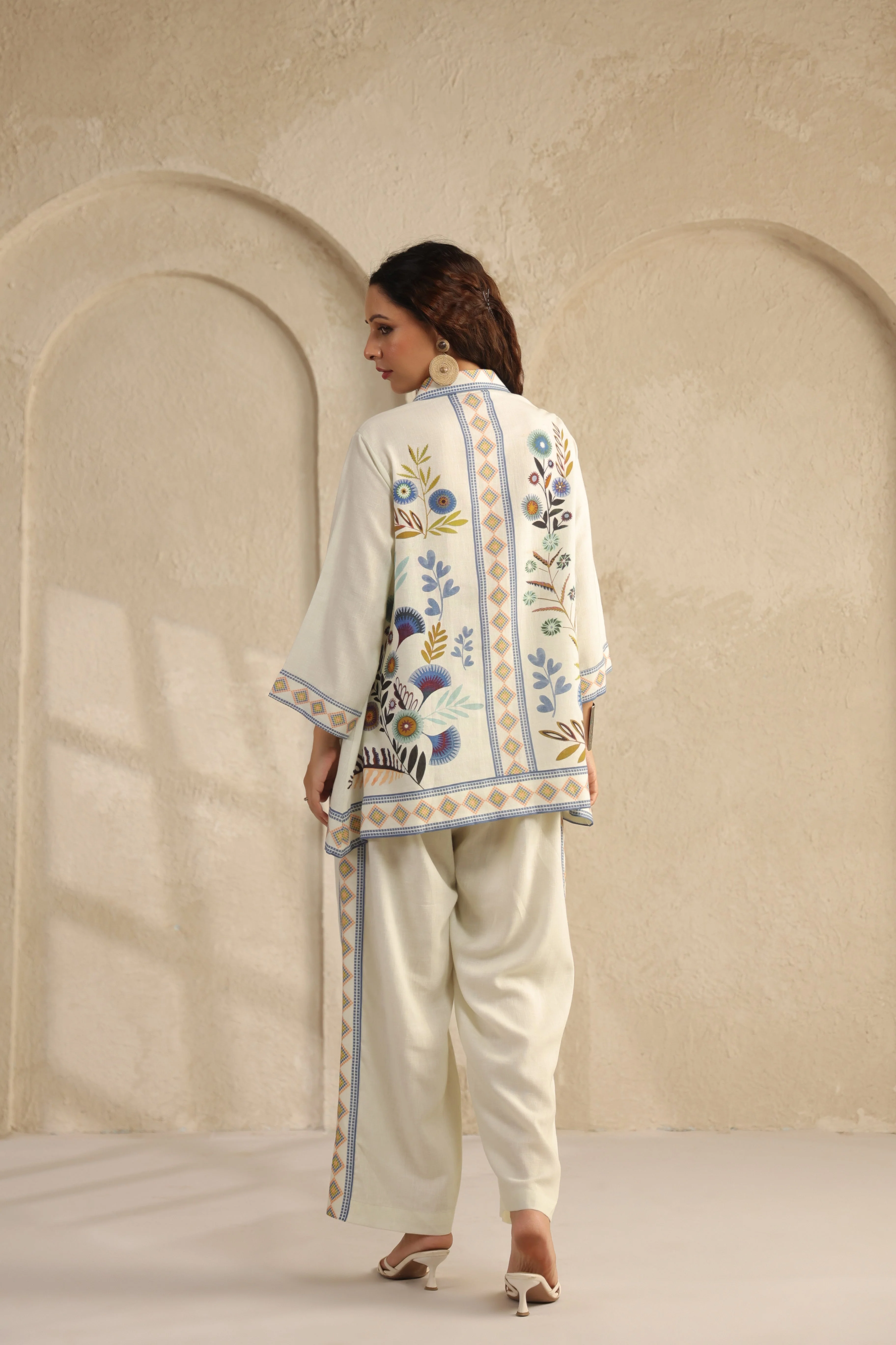 Chalk White Floral Printed Pure Linen Co-Ord Set - Image 5