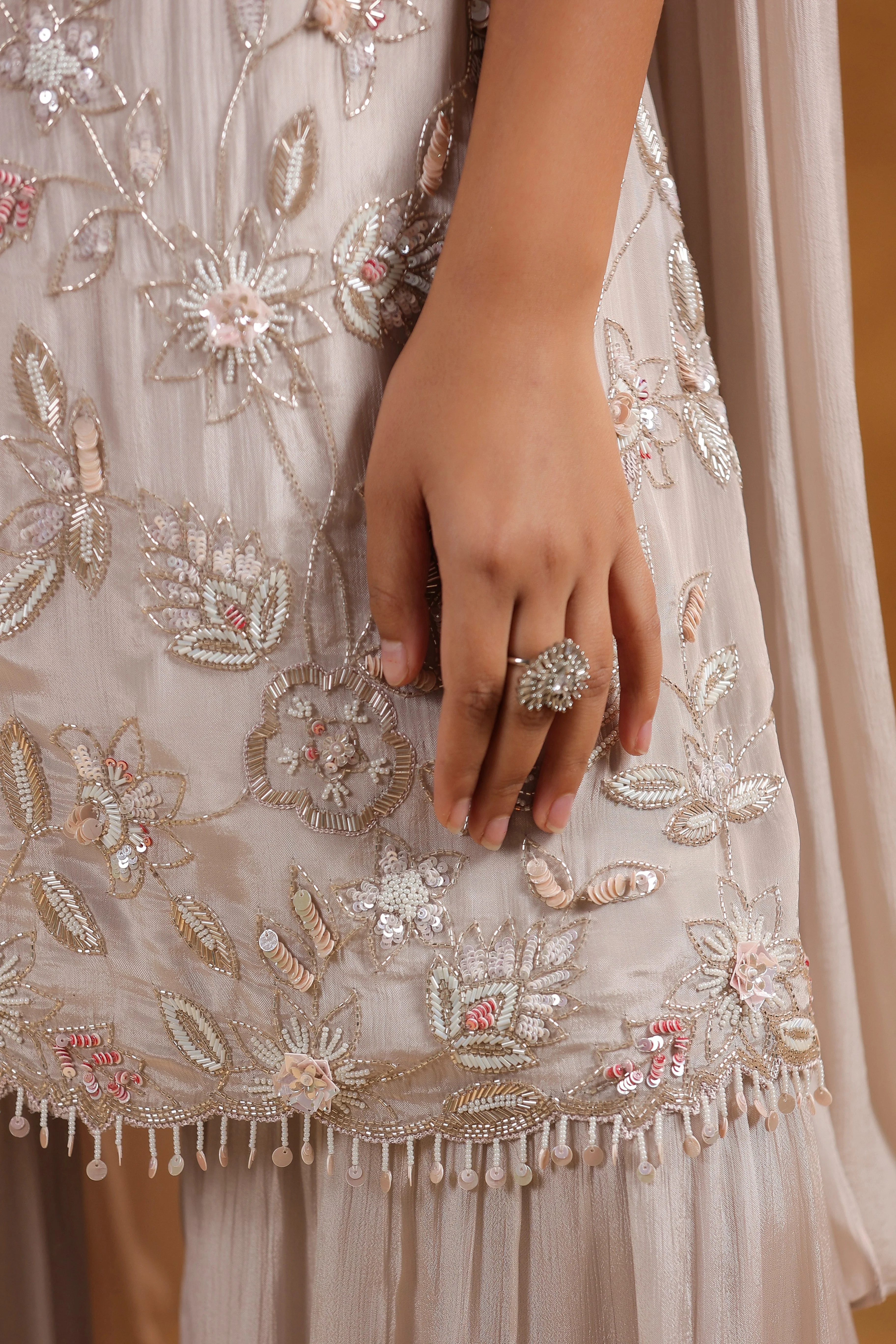 Champagne Beige Embellished Chinon Silk Sharara Set - Image 3