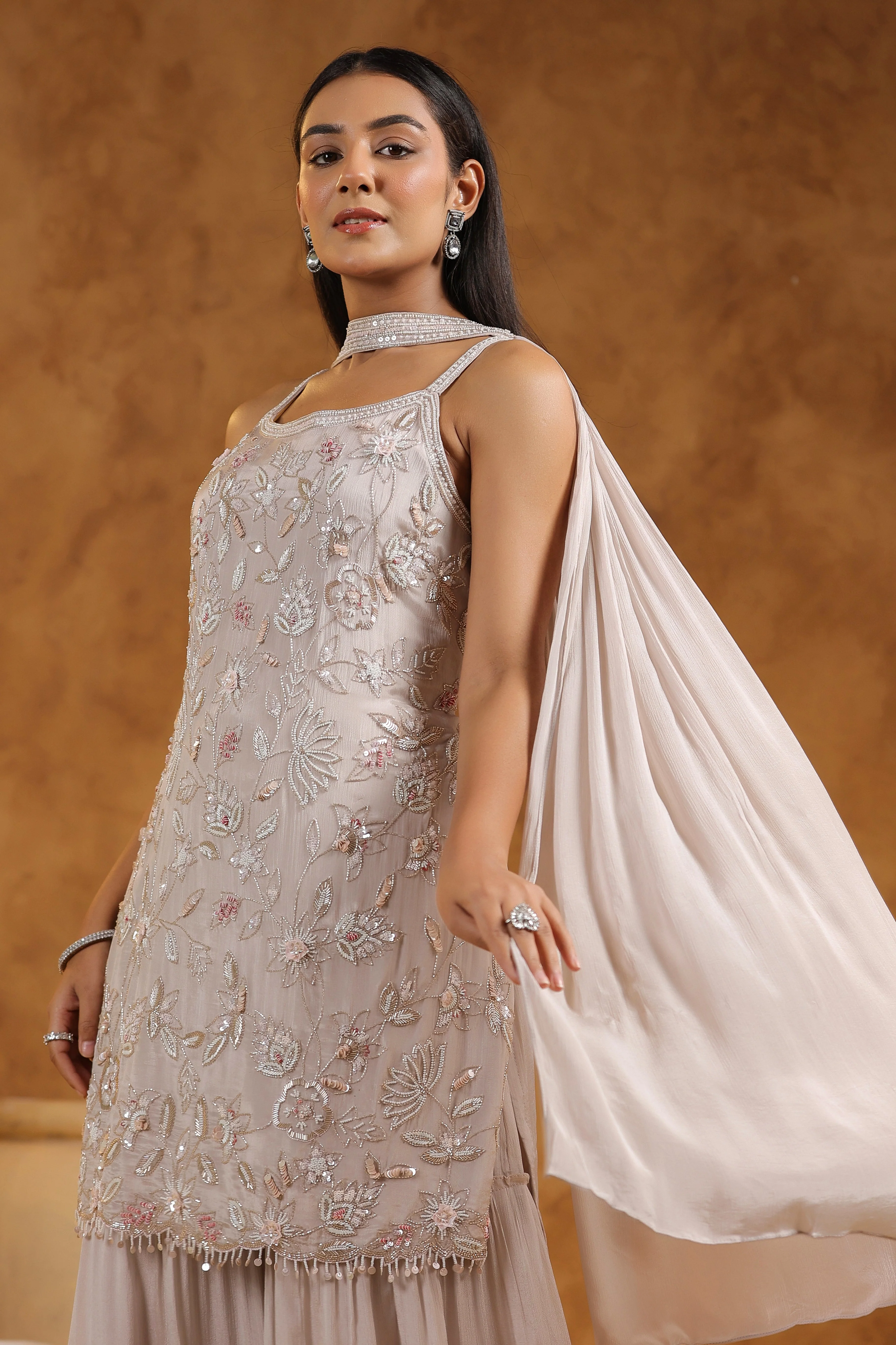 Champagne Beige Embellished Chinon Silk Sharara Set - Image 4