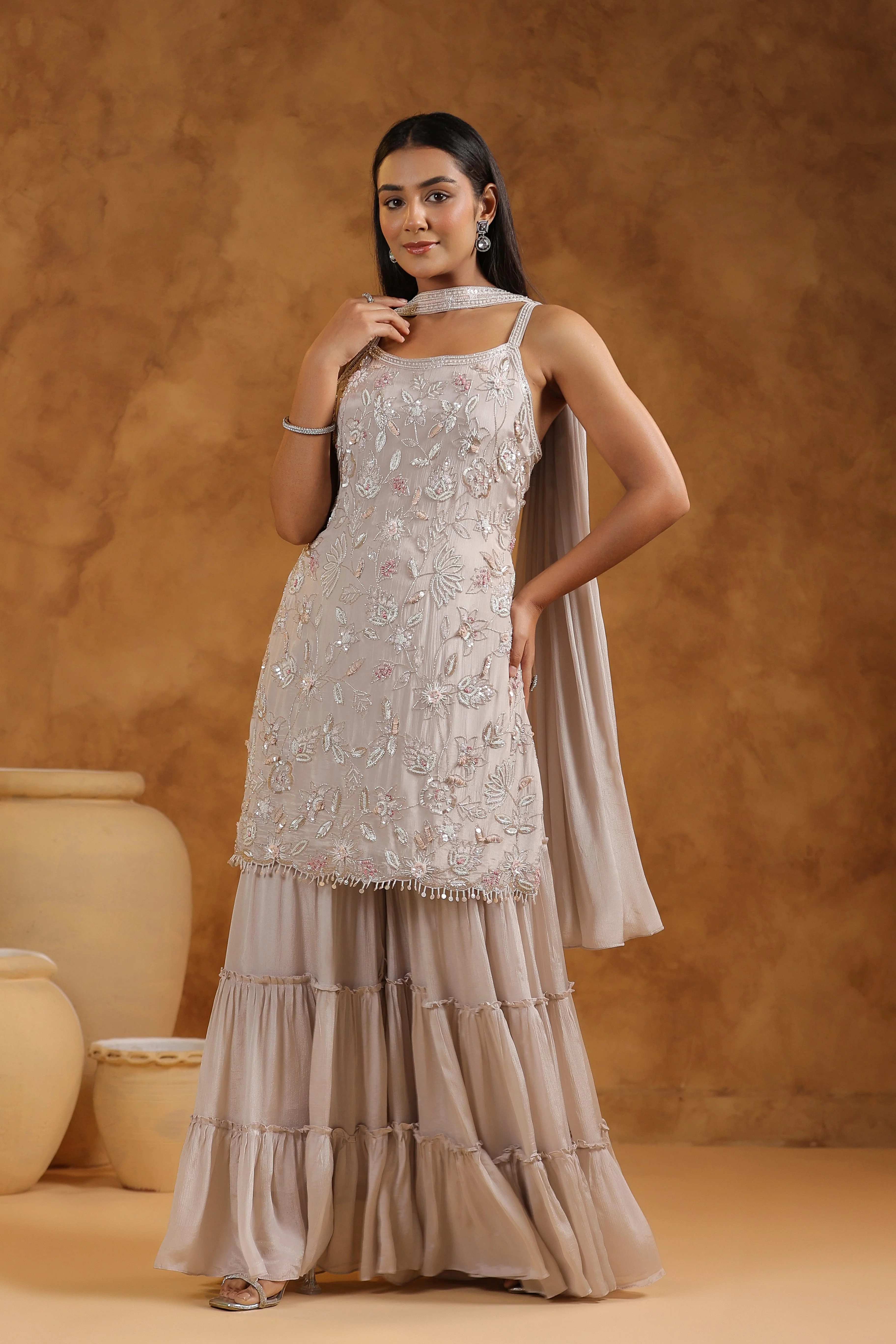 Champagne Beige Embellished Chinon Silk Sharara Set - Image 5