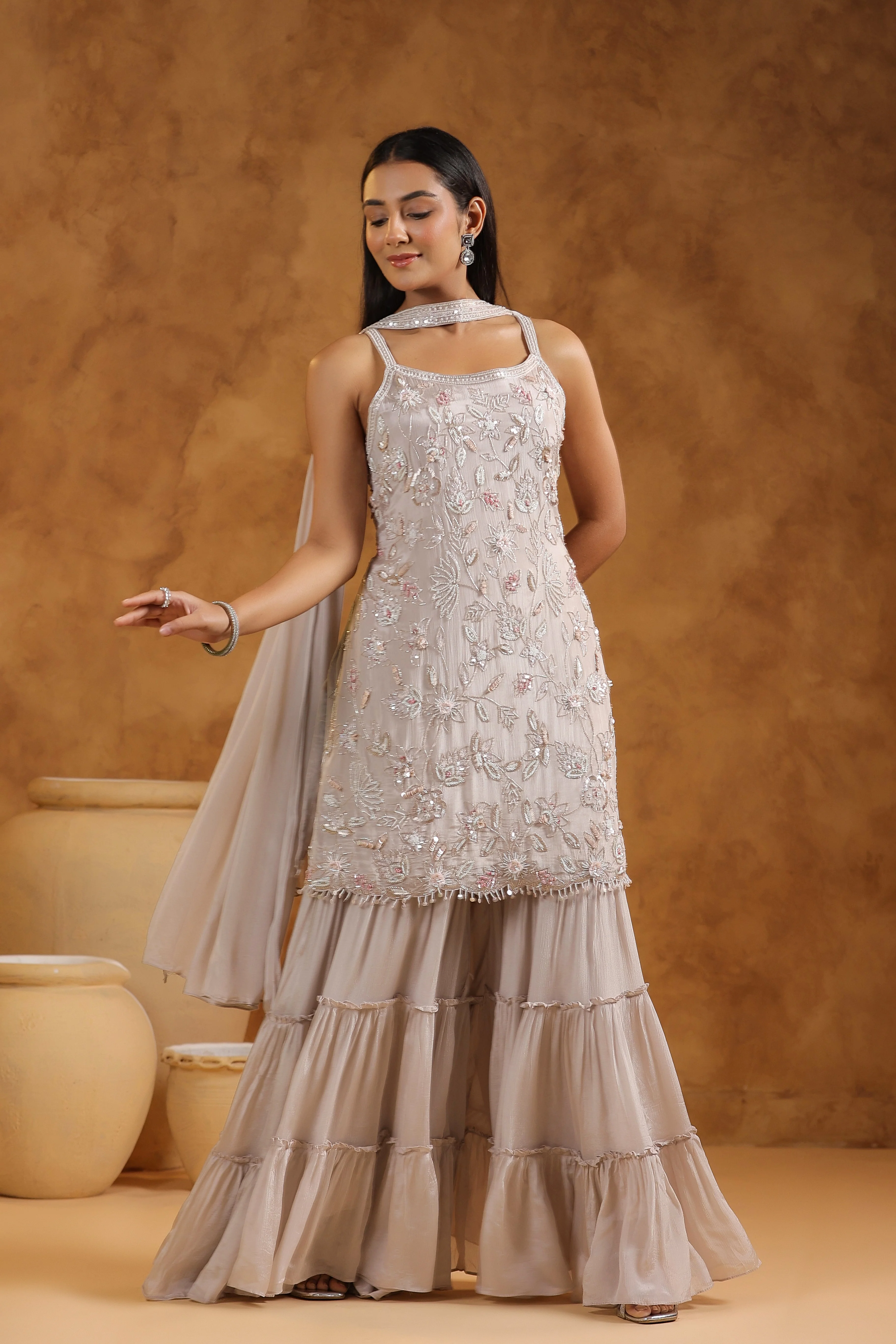 Champagne Beige Embellished Chinon Silk Sharara Set - Image 6