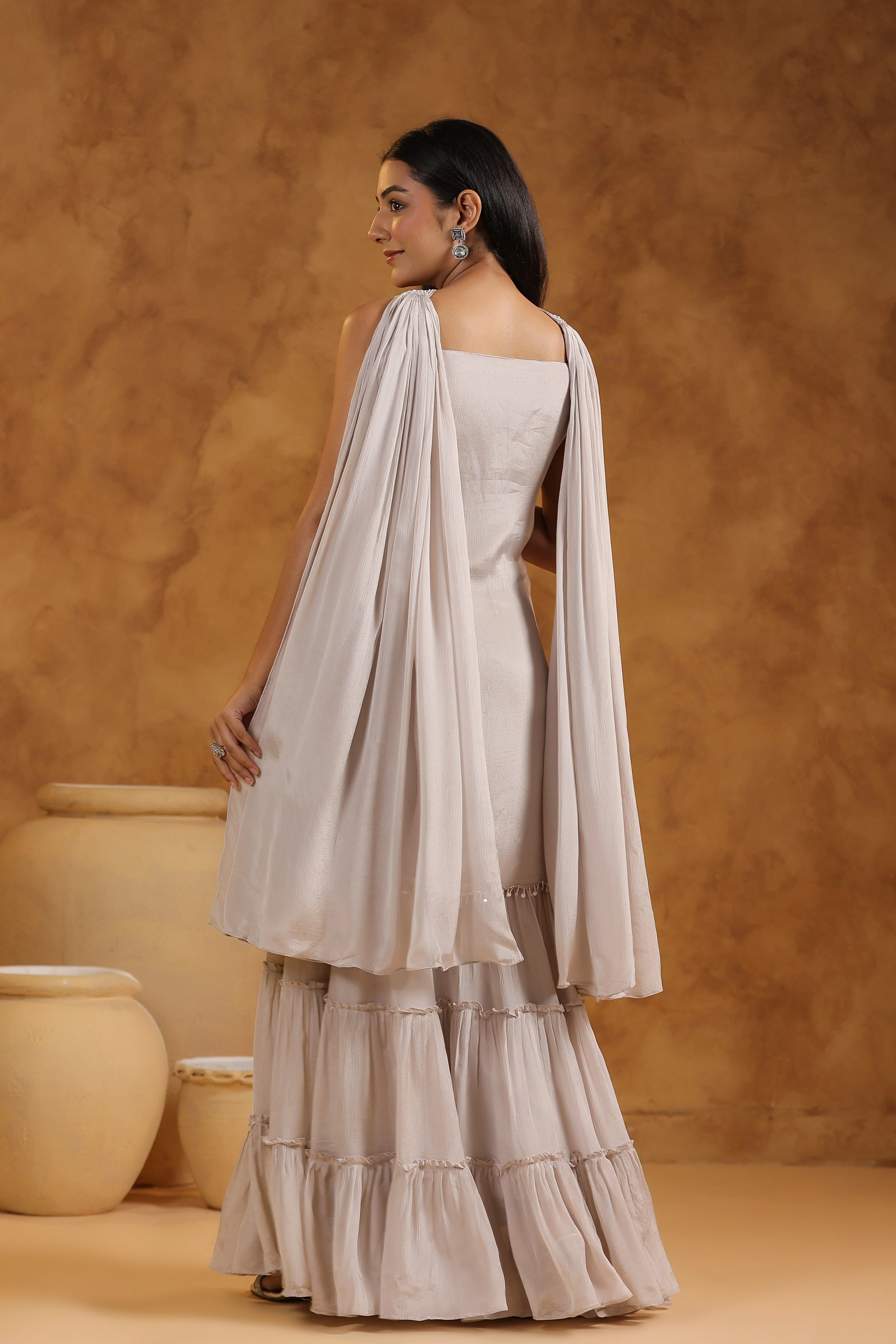 Champagne Beige Embellished Chinon Silk Sharara Set - Image 8