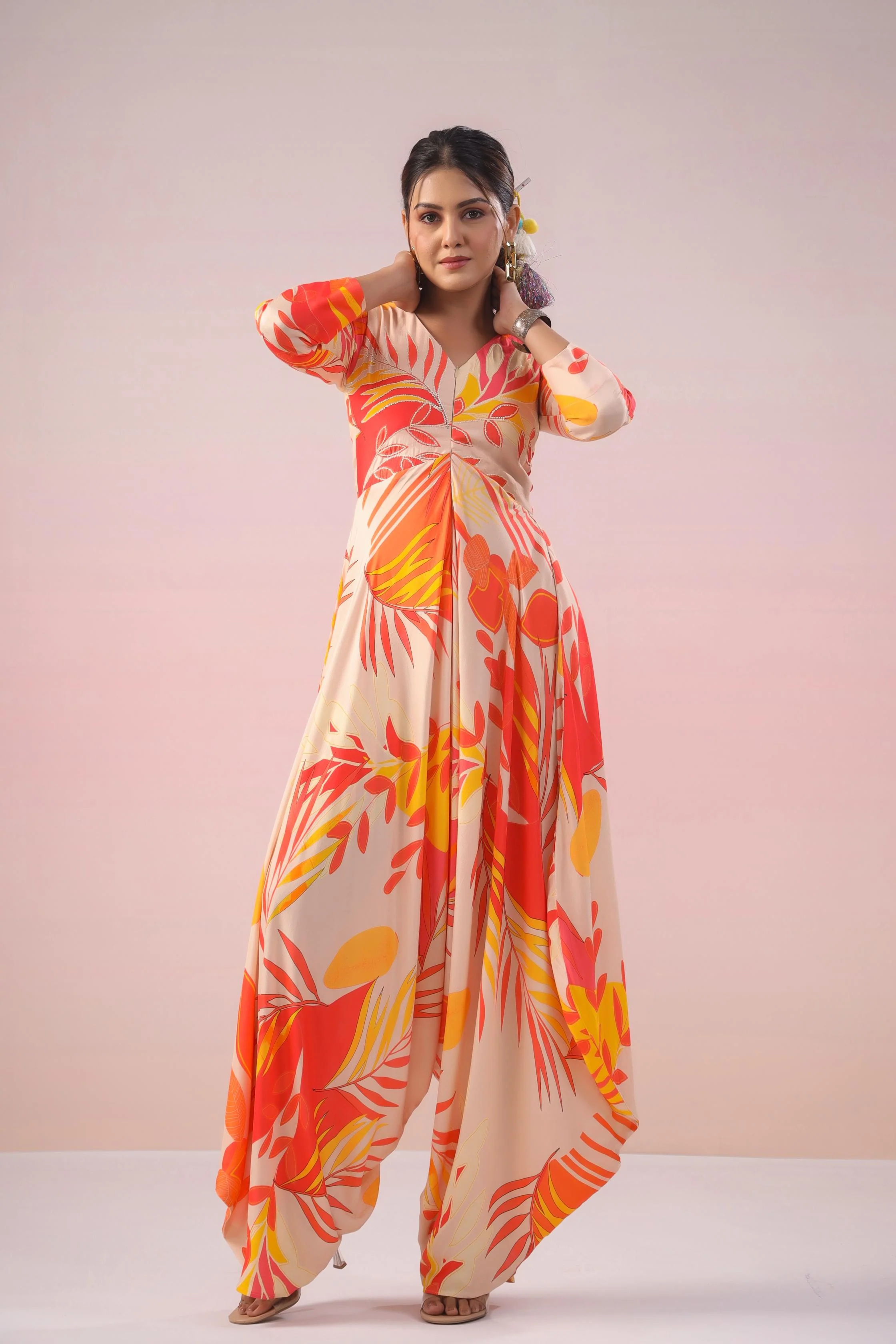 Champagne Digital Printed Muslin Silk Jumpsuit - Image 3