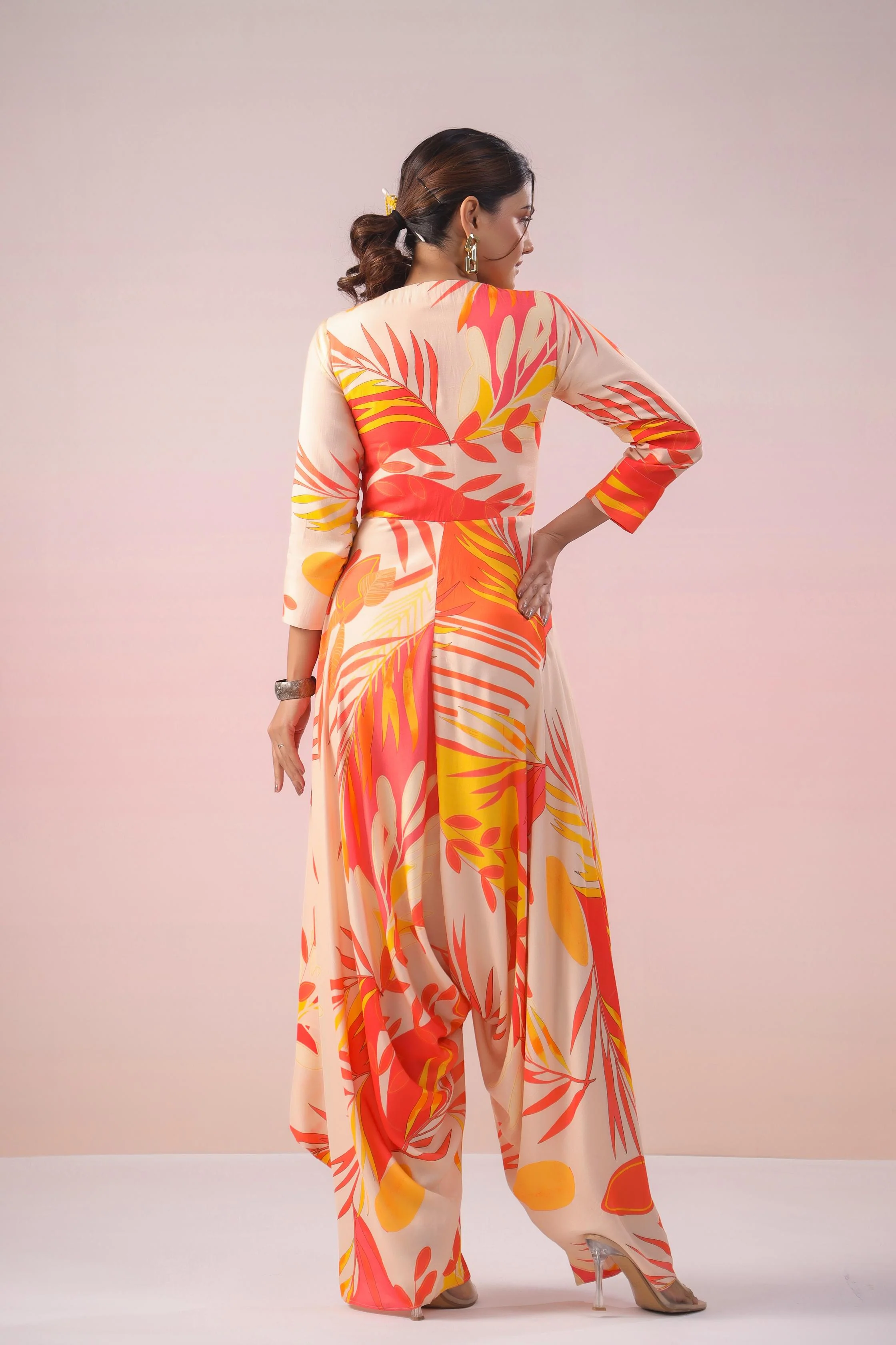 Champagne Digital Printed Muslin Silk Jumpsuit - Image 4