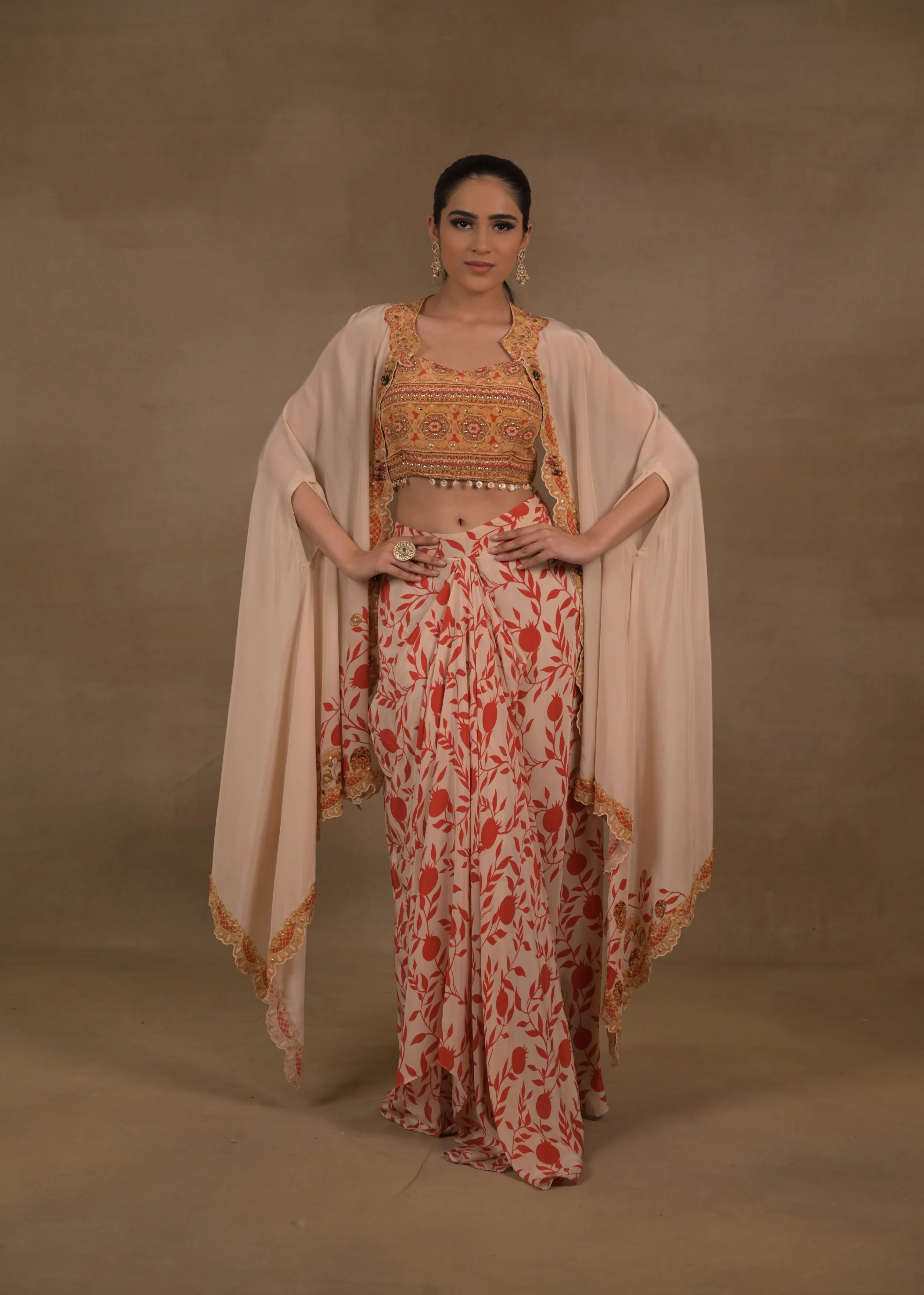 Champagne Embellished Crepe Silk Skirt Set With Cape