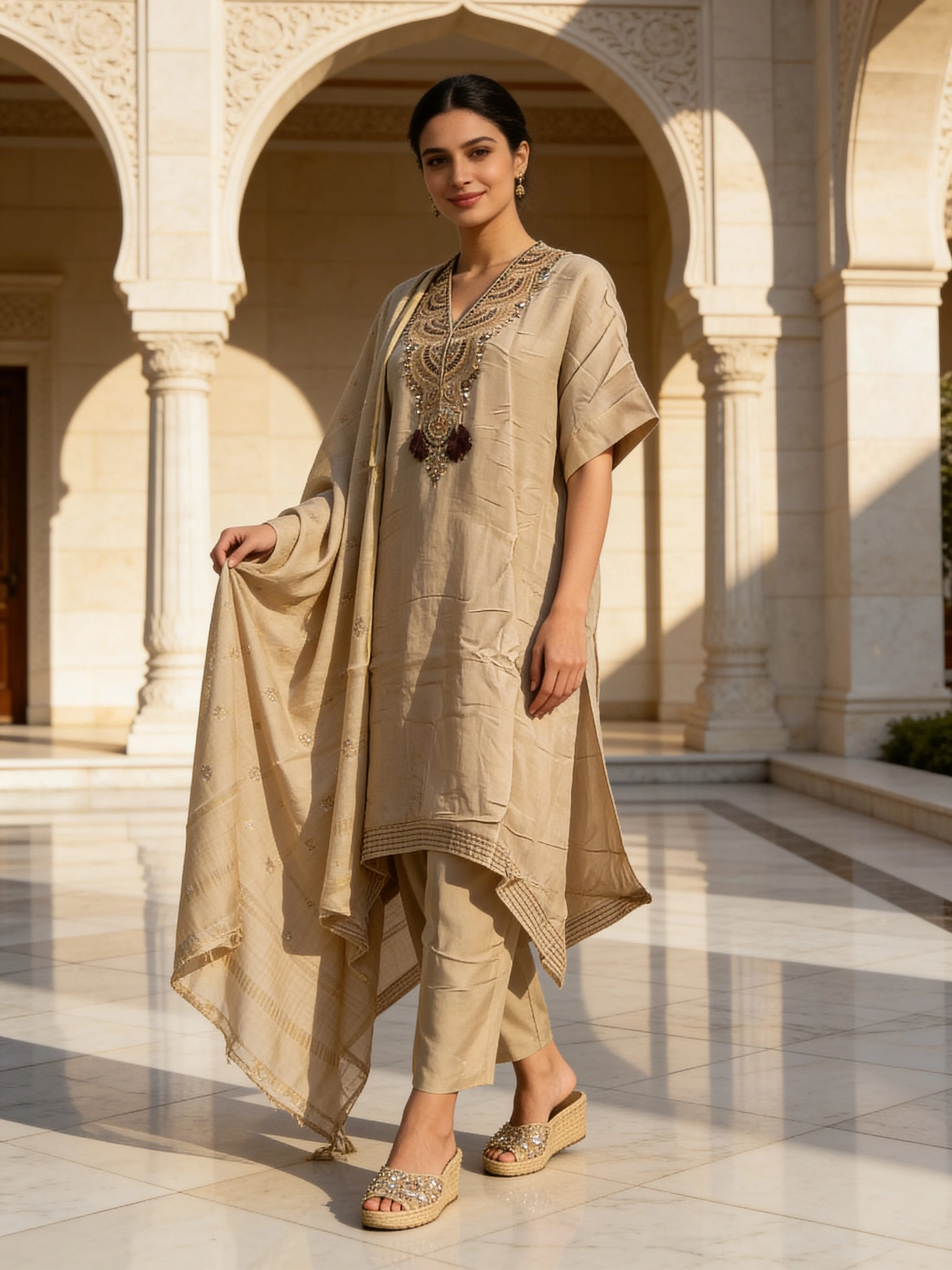 Champagne Embellished Raw Silk Pant Set - Image 2