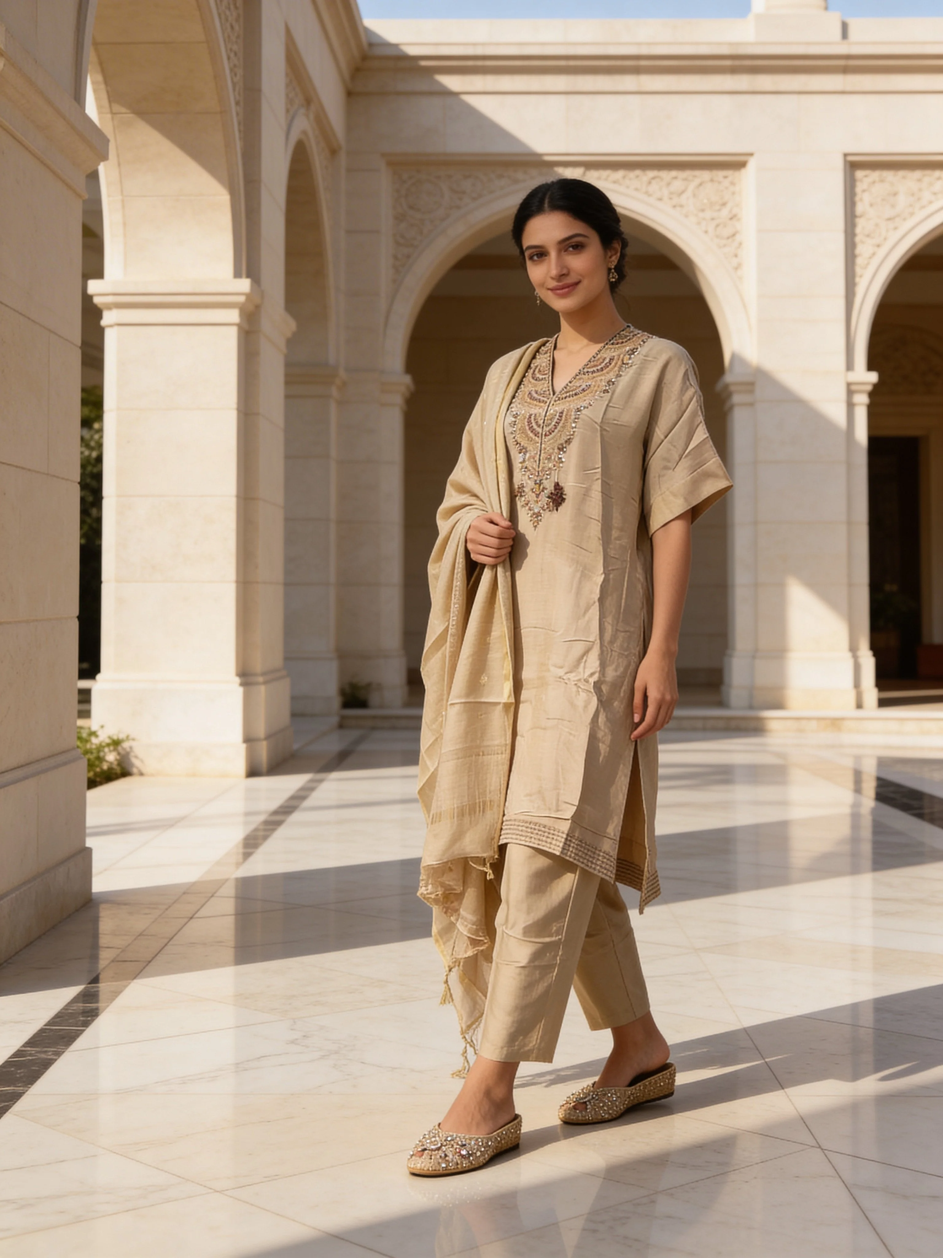 Champagne Embellished Raw Silk Pant Set - Image 3