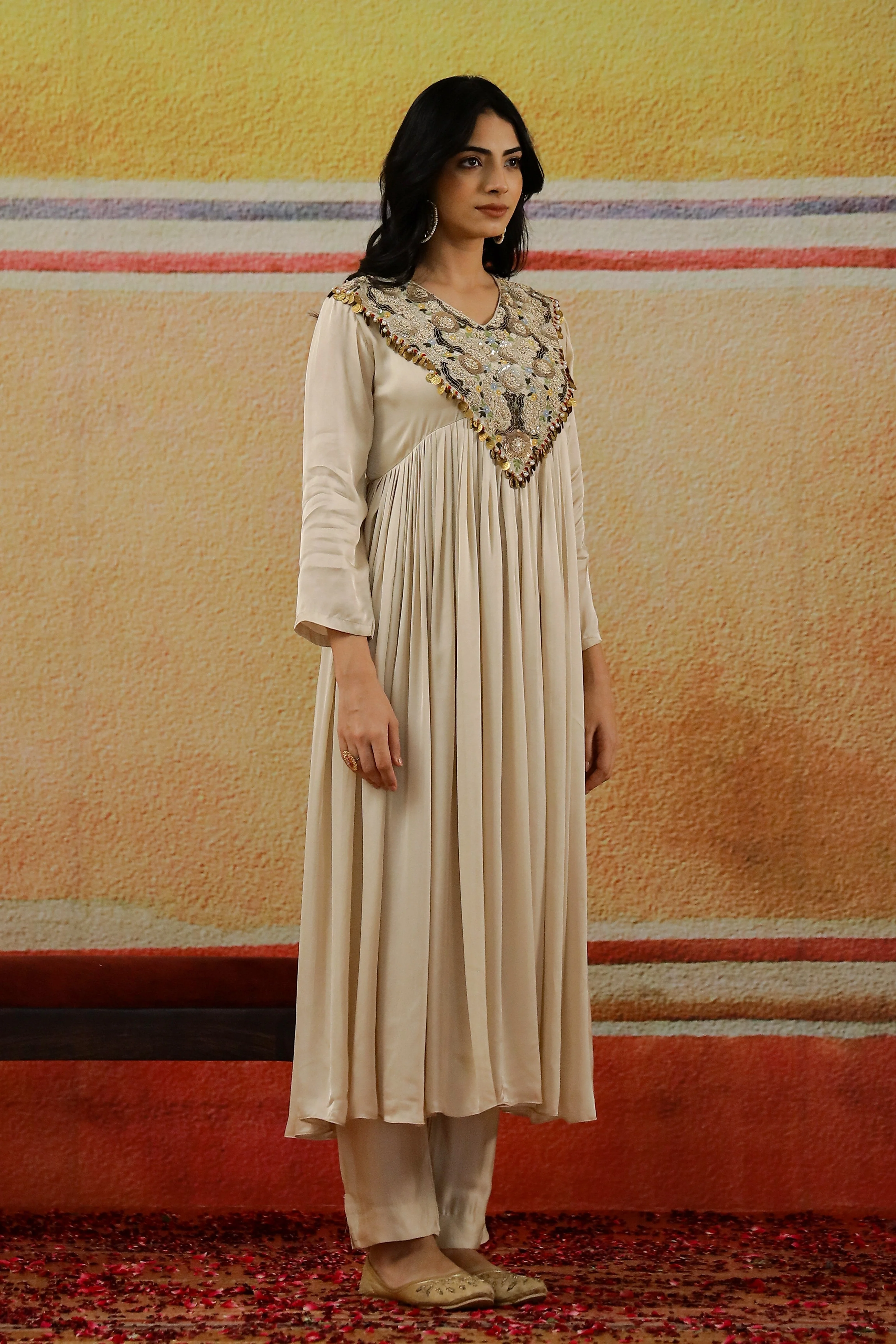 Champagne Embellished Satin Silk Anarkali Set - Image 3