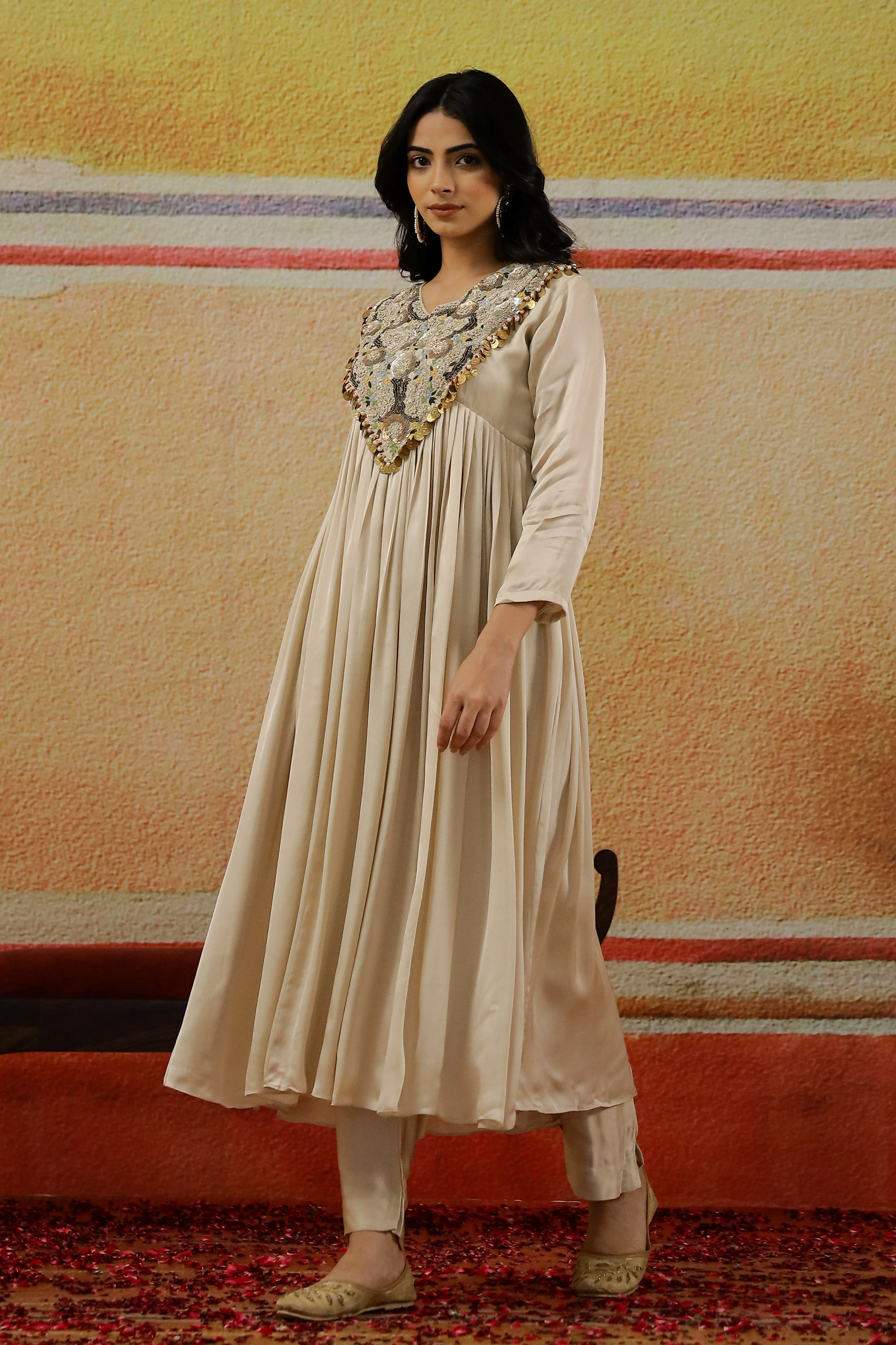 Champagne Embellished Satin Silk Anarkali Set - Image 4